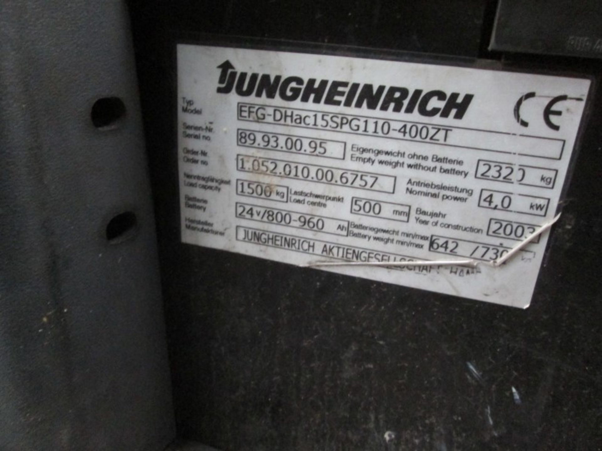 JUNGHEINRICH EFGDHAC15SPG110-400ZT Plant Electric - VIN: 89930095 - Year: 2003 - 5,121 Hours - - Image 9 of 9