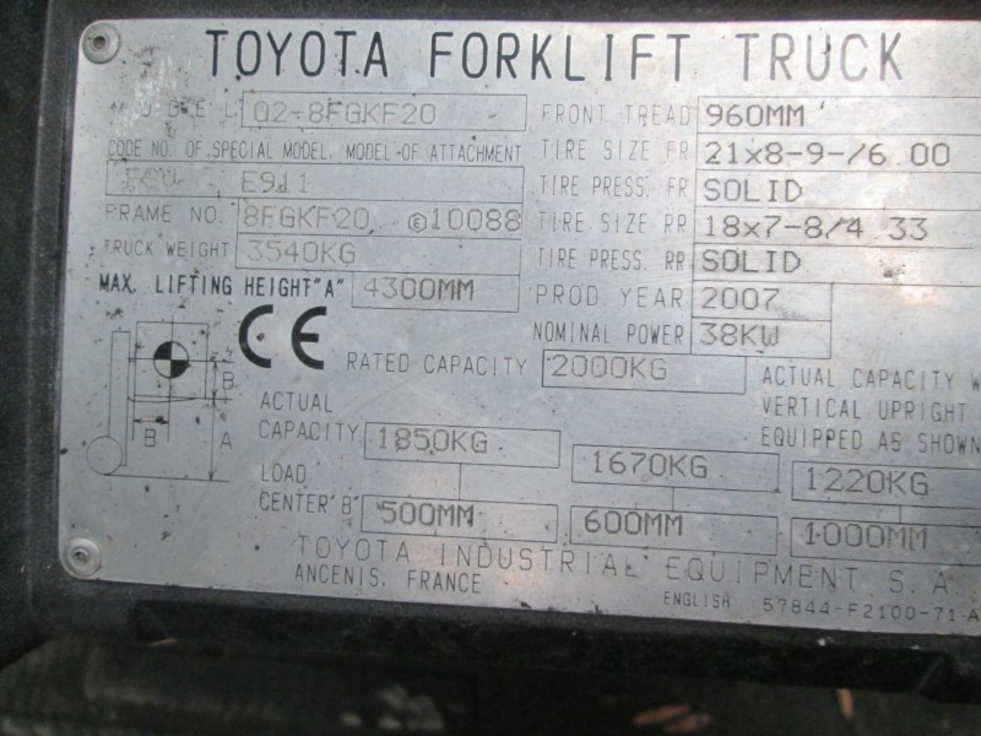 TOYOTA 02-8FGKF20 Plant LPG / CNG - VIN: 8FGKF20E10088 - Year: 2007 - 11,534 Hours - Triplex 4.3M - Image 9 of 9