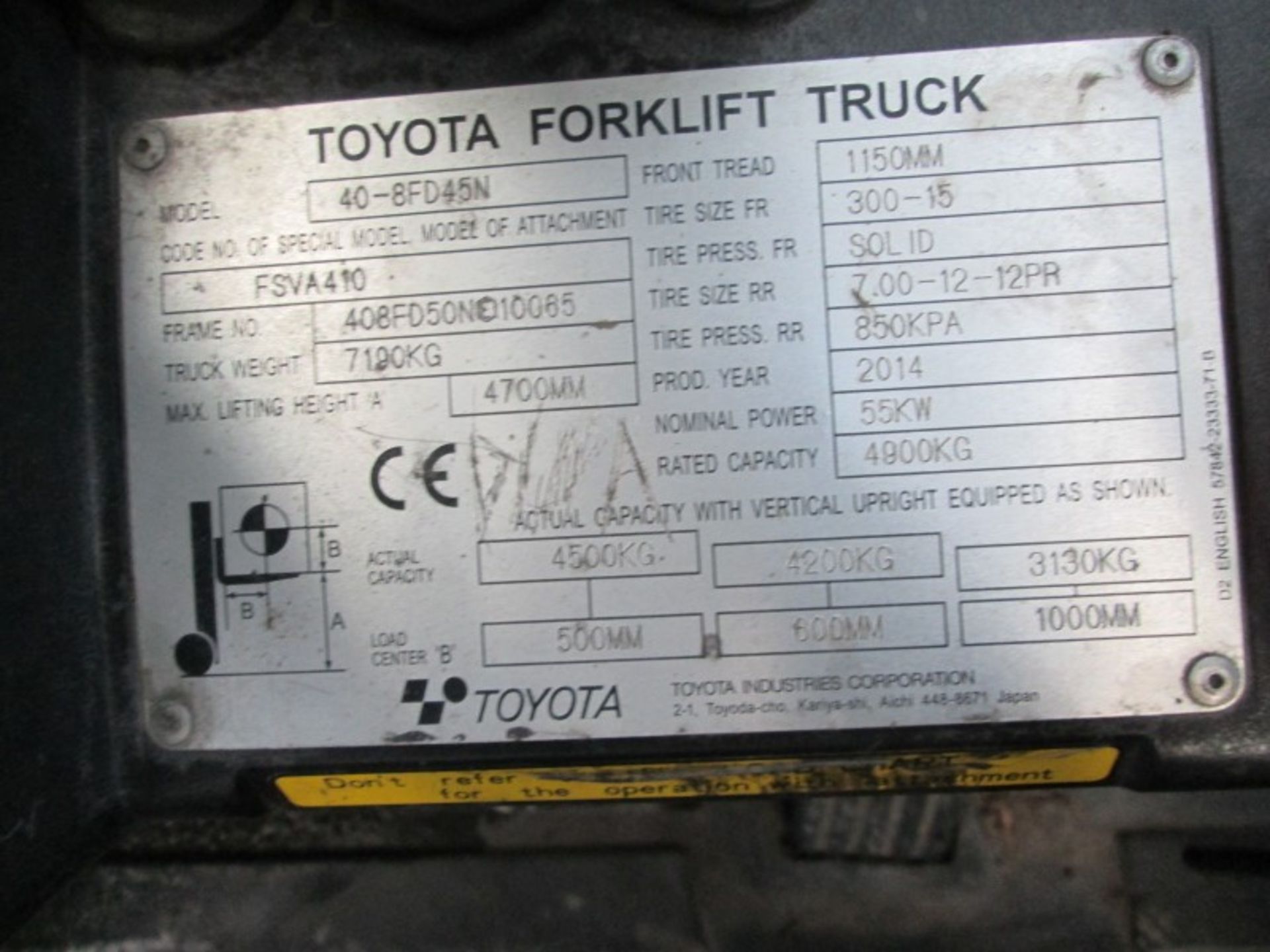 TOYOTA 40-8FD45N Plant Diesel - VIN: 408FD50NE10065 - Year: 2014 - 210 Hours - Triplex 4.7M - Image 9 of 9