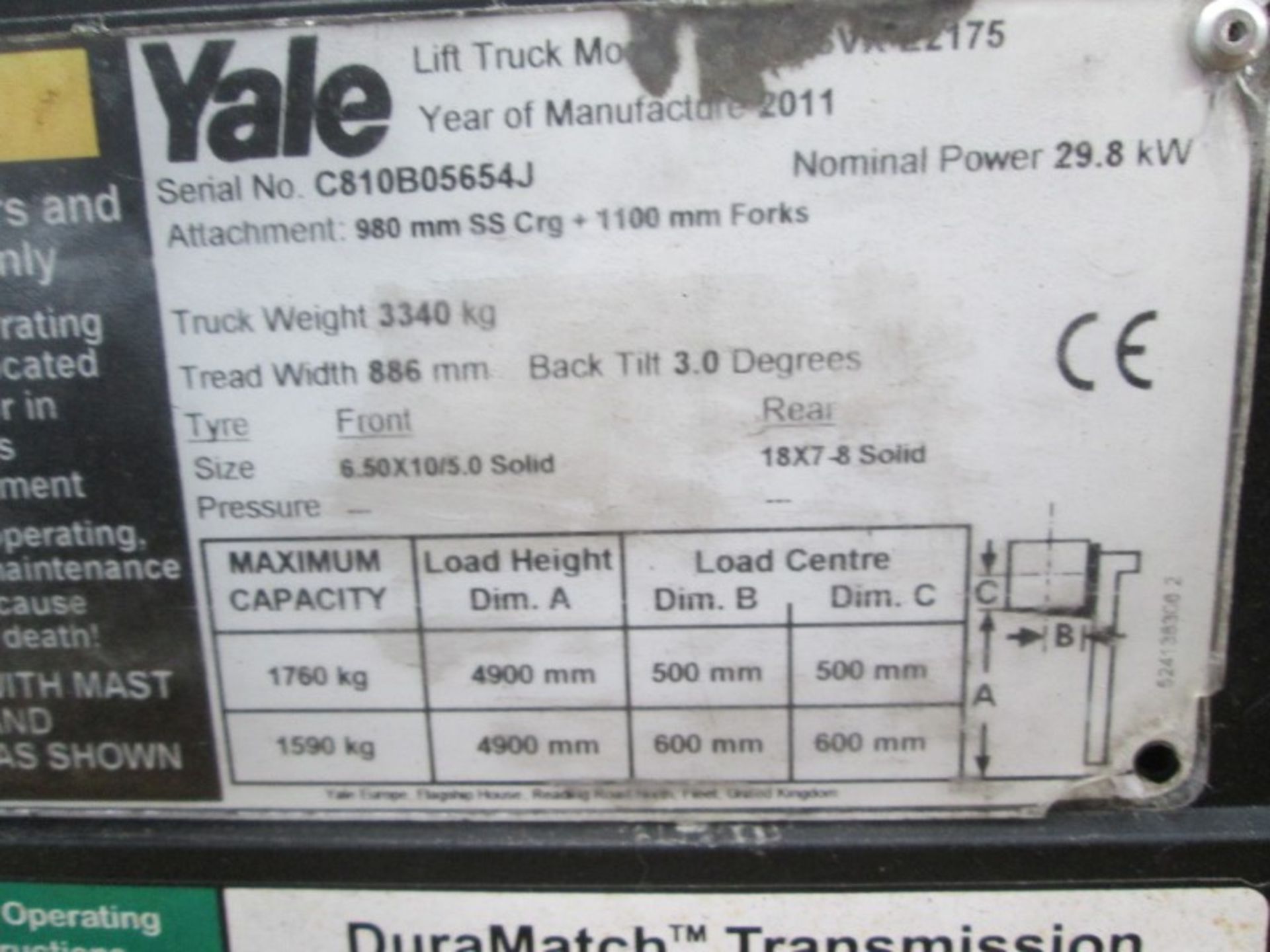 YALE GLP20SVX Plant LPG / CNG - VIN: C810B05654J - Year: 2011 - 6,216 Hours - Triplex 4.9M Forklift, - Image 8 of 9