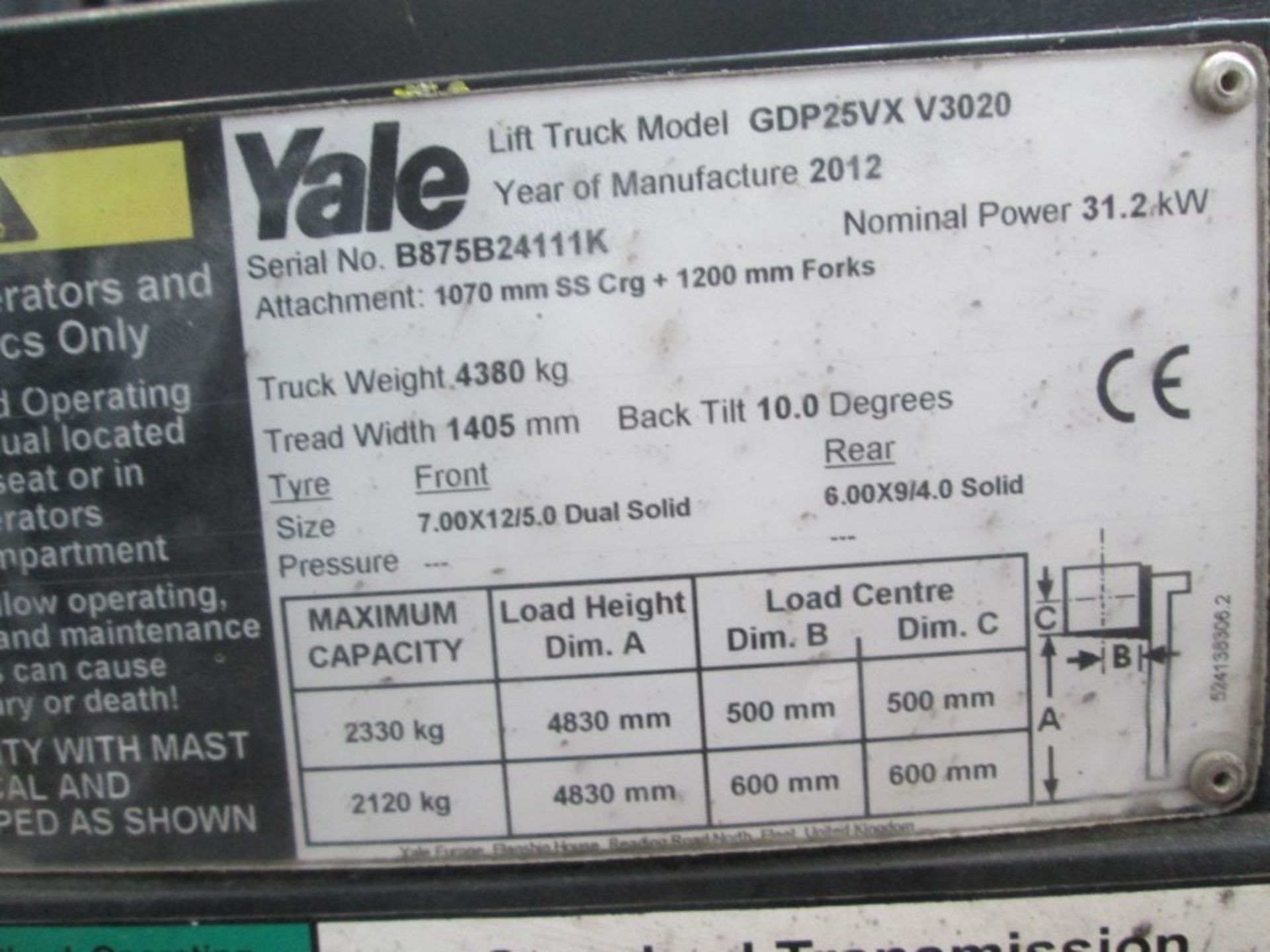 YALE GDP25VX V3020 Plant Diesel - VIN: B875B24111K - Year: 2012 - 1,158 Hours - Duplex 4.83M - Image 8 of 9