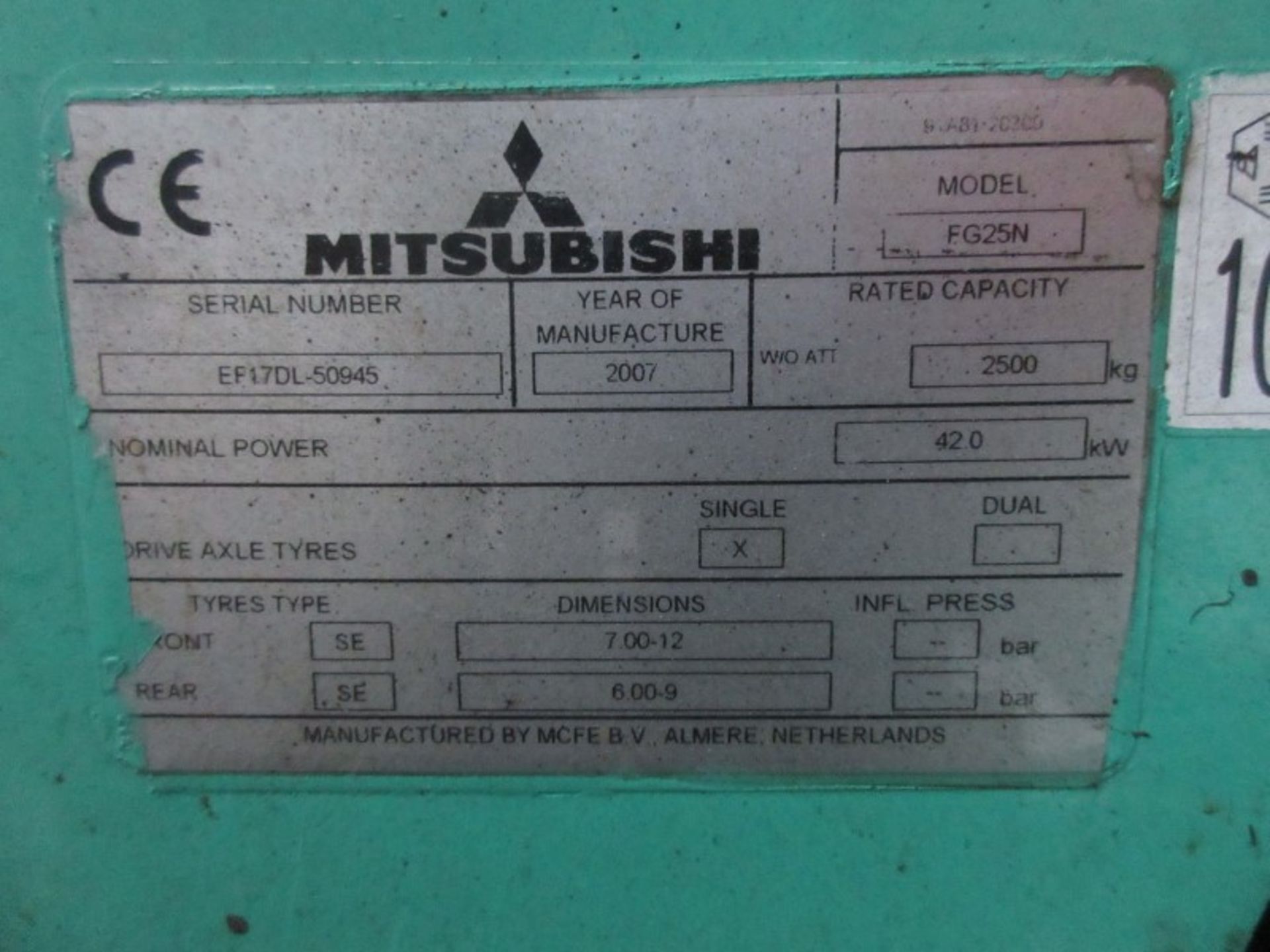 MITSUBISHI FG25N Plant LPG / CNG - VIN: EF17DL50945 - Year: 2007 - 4,912 Hours - Duplex Forklift, - Image 9 of 9