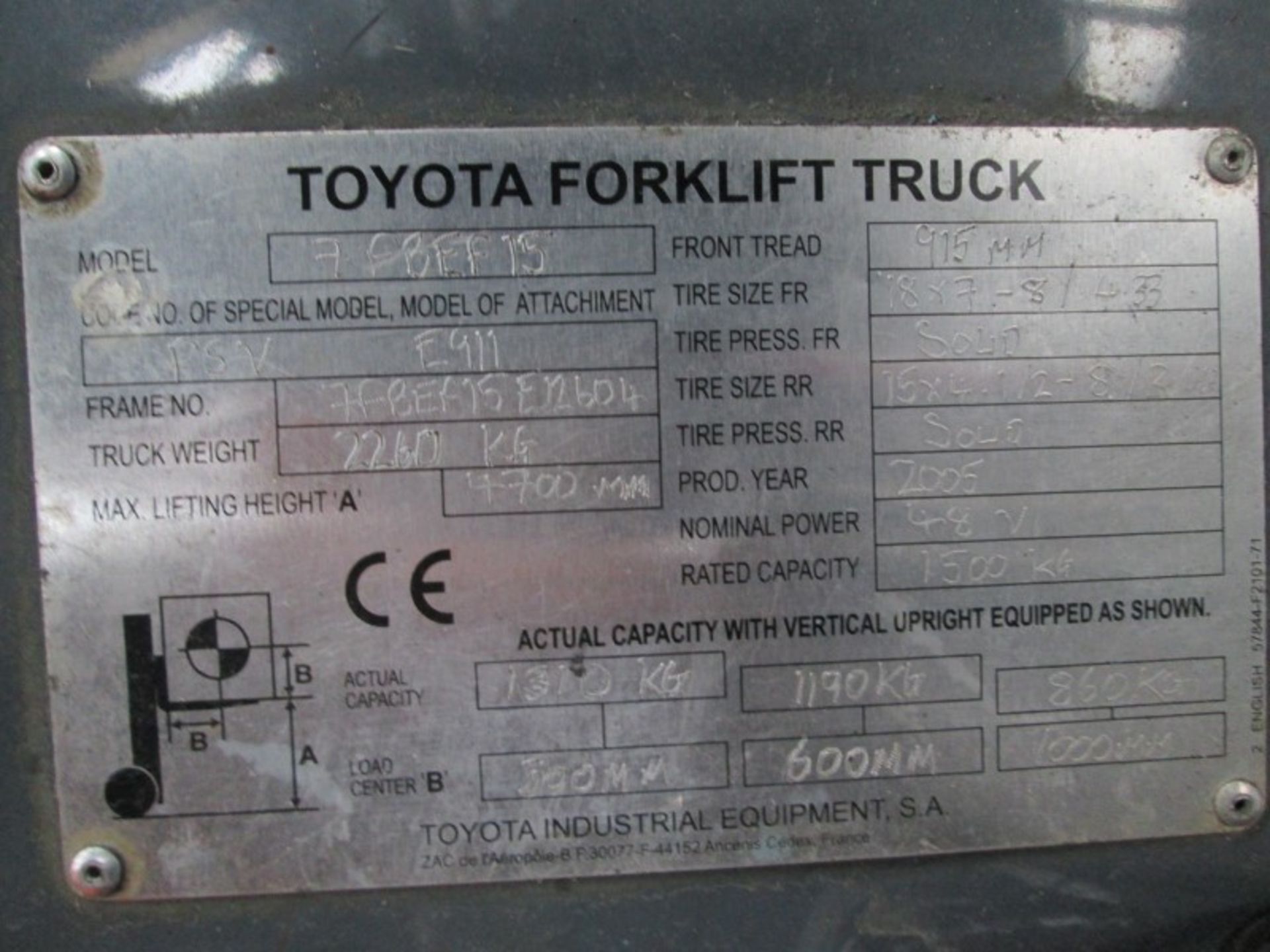 TOYOTA 7FBEF15 Plant Electric - VIN: 7FBEF15E12604 - Year: 2005 - 17,854 Hours - Triplex 4.7M - Image 8 of 9