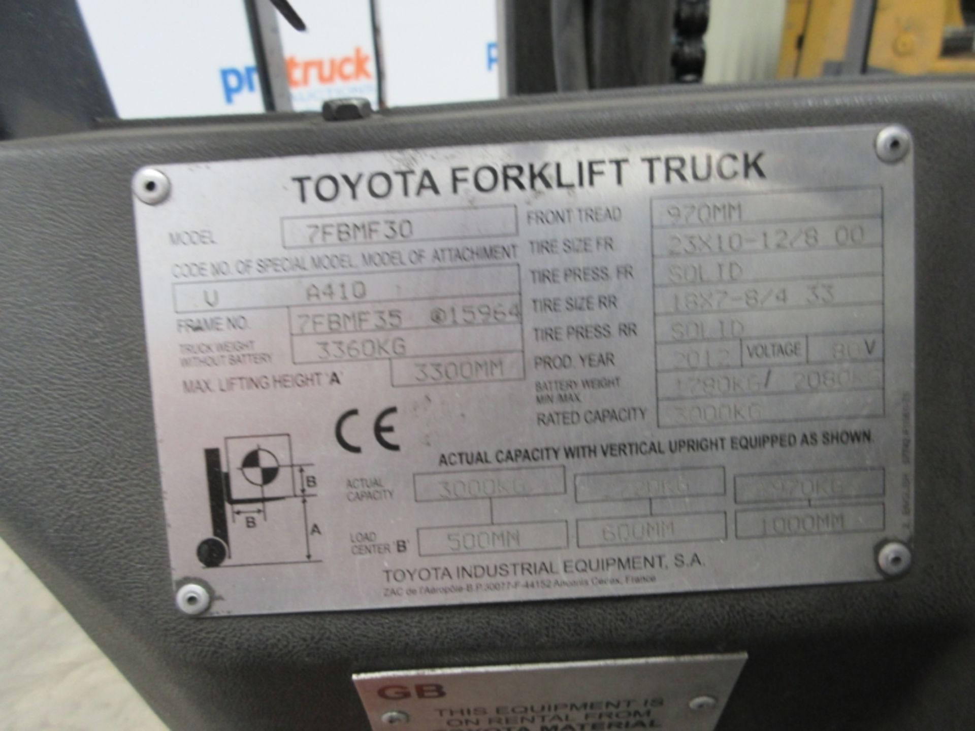TOYOTA 7FBMF30 Plant Electric - VIN: 7FBMF35E15964 - Year: 2012 - 6,333 Hours - Duplex 3.3M - Image 8 of 9
