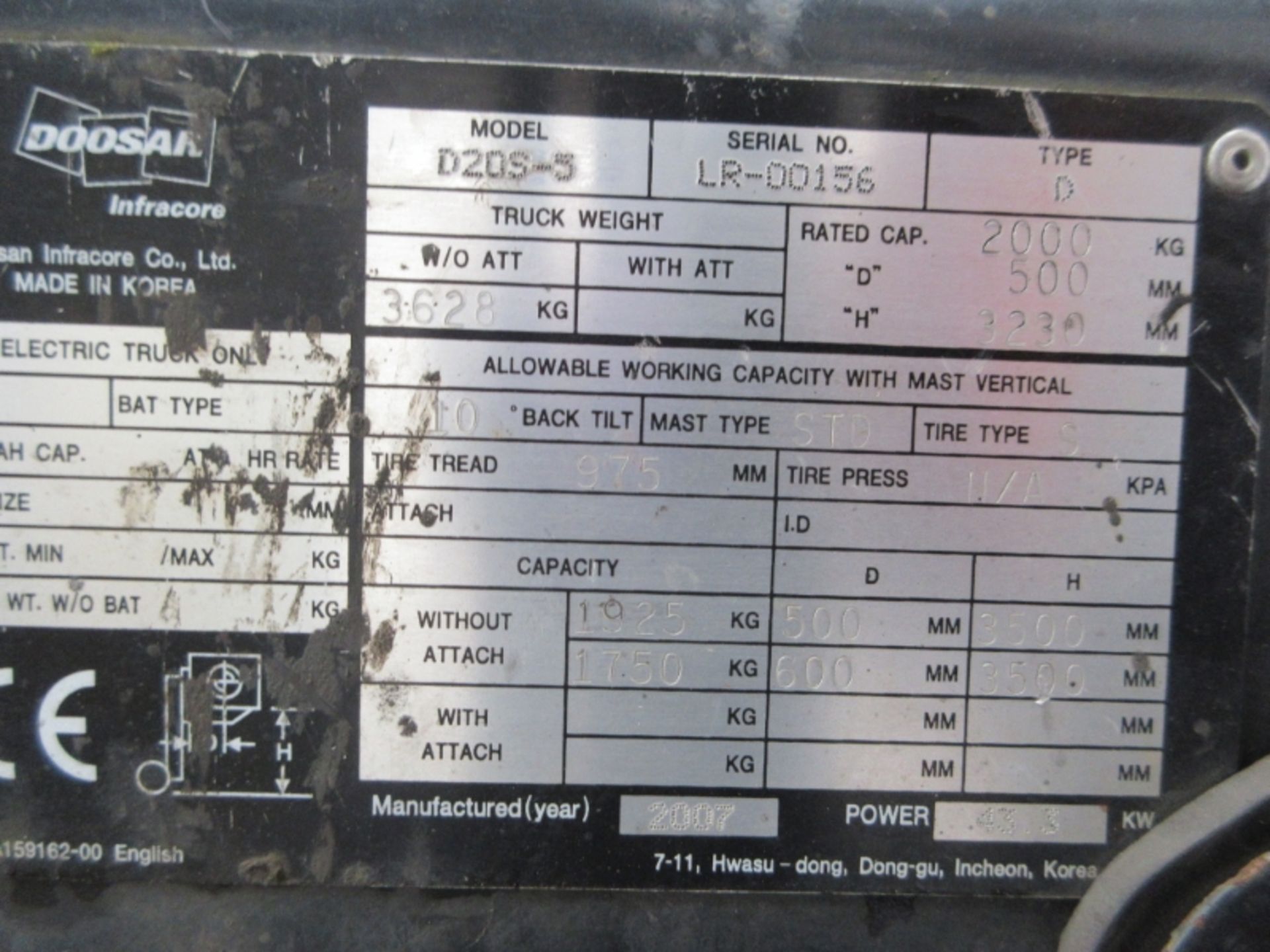 DOOSAN D20S-5 Plant Diesel - VIN: LR00156 - Year: 2007 - 5,660 Hours - Duplex 3.2M Forklift, - Image 9 of 9