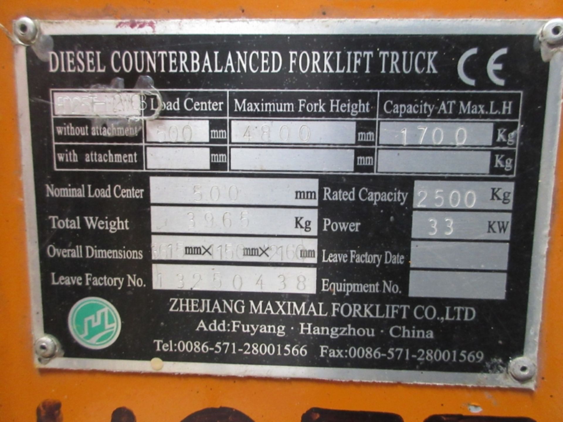 MAXIMAL FD25T-M2W0 Plant Diesel - VIN: 13250438 - 2,726 Hours - Triplex 4.8M Forklift, Sideshift, - Image 7 of 9