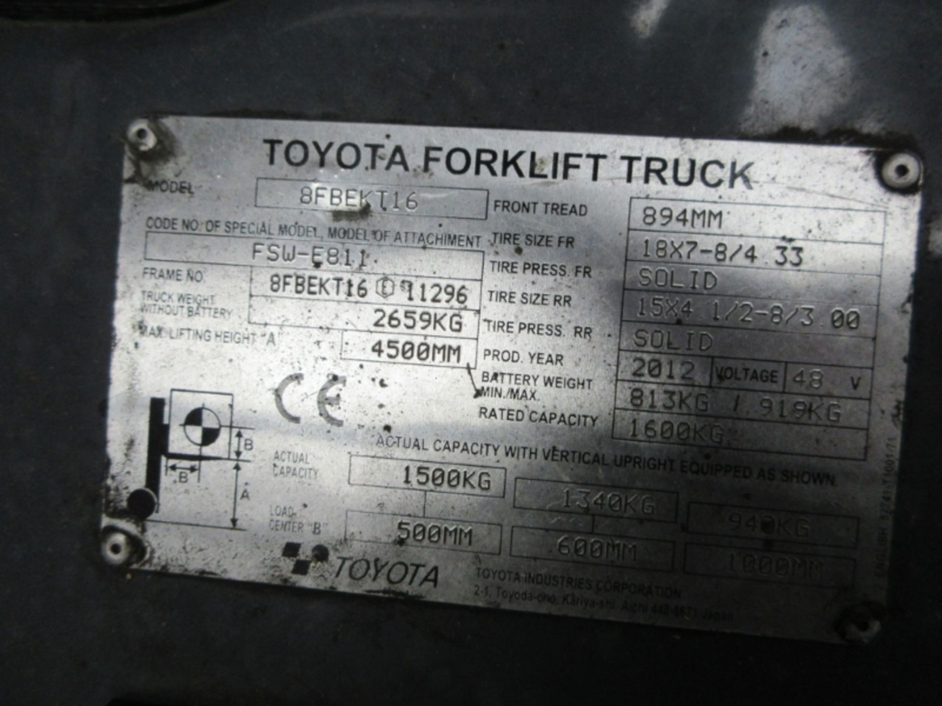 TOYOTA 8FBEKT16 Plant Electric - VIN: 8FBEKT16E11296 - Year: 2012 - . Hours - Triplex 4.5M Forklift, - Image 7 of 9