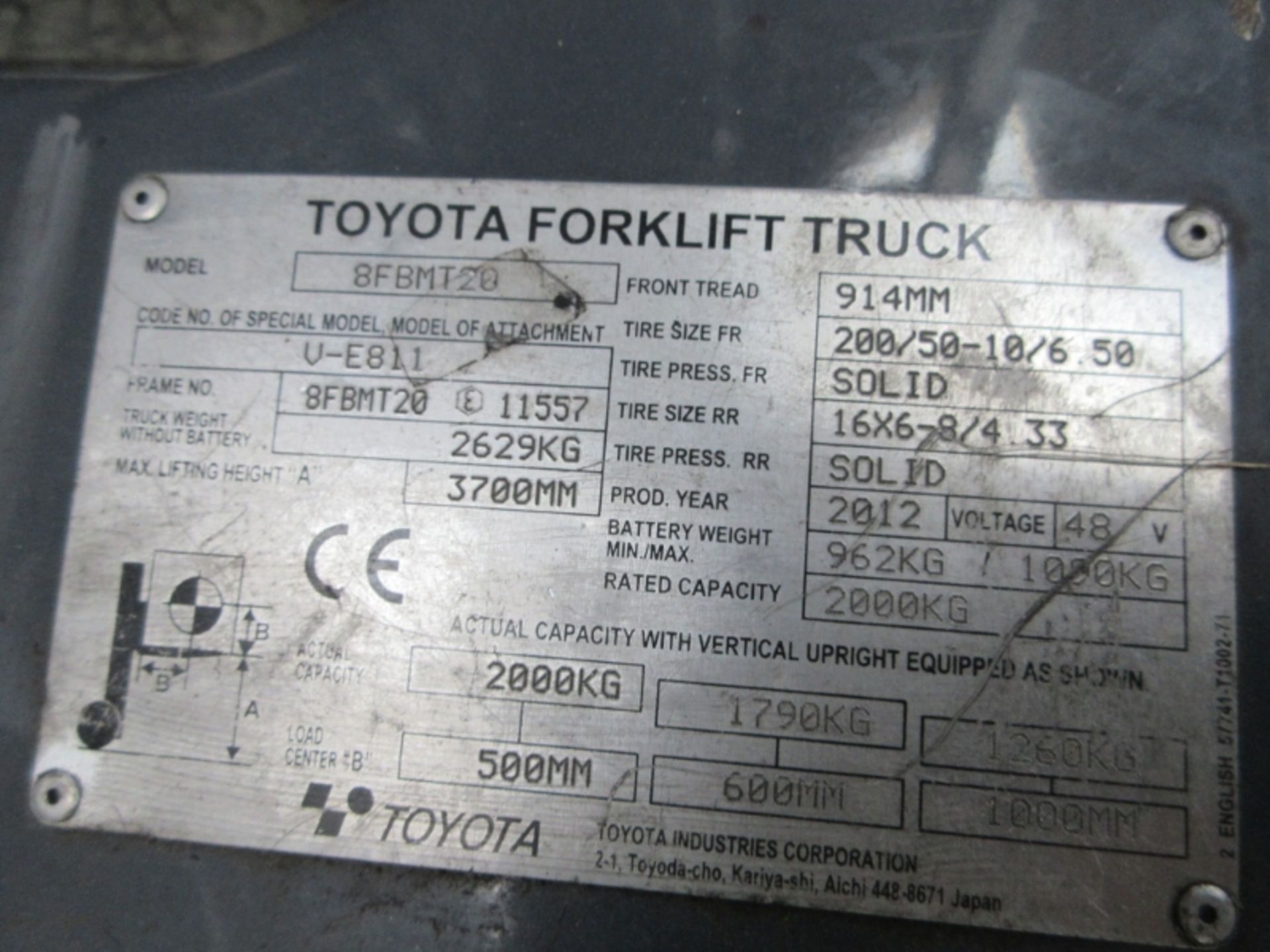 TOYOTA 8FBMT20 Plant Electric - VIN: 8FDF25E11557 - Year: 2012 - 1,509 Hours - Duplex 3.7M Forklift, - Image 8 of 9