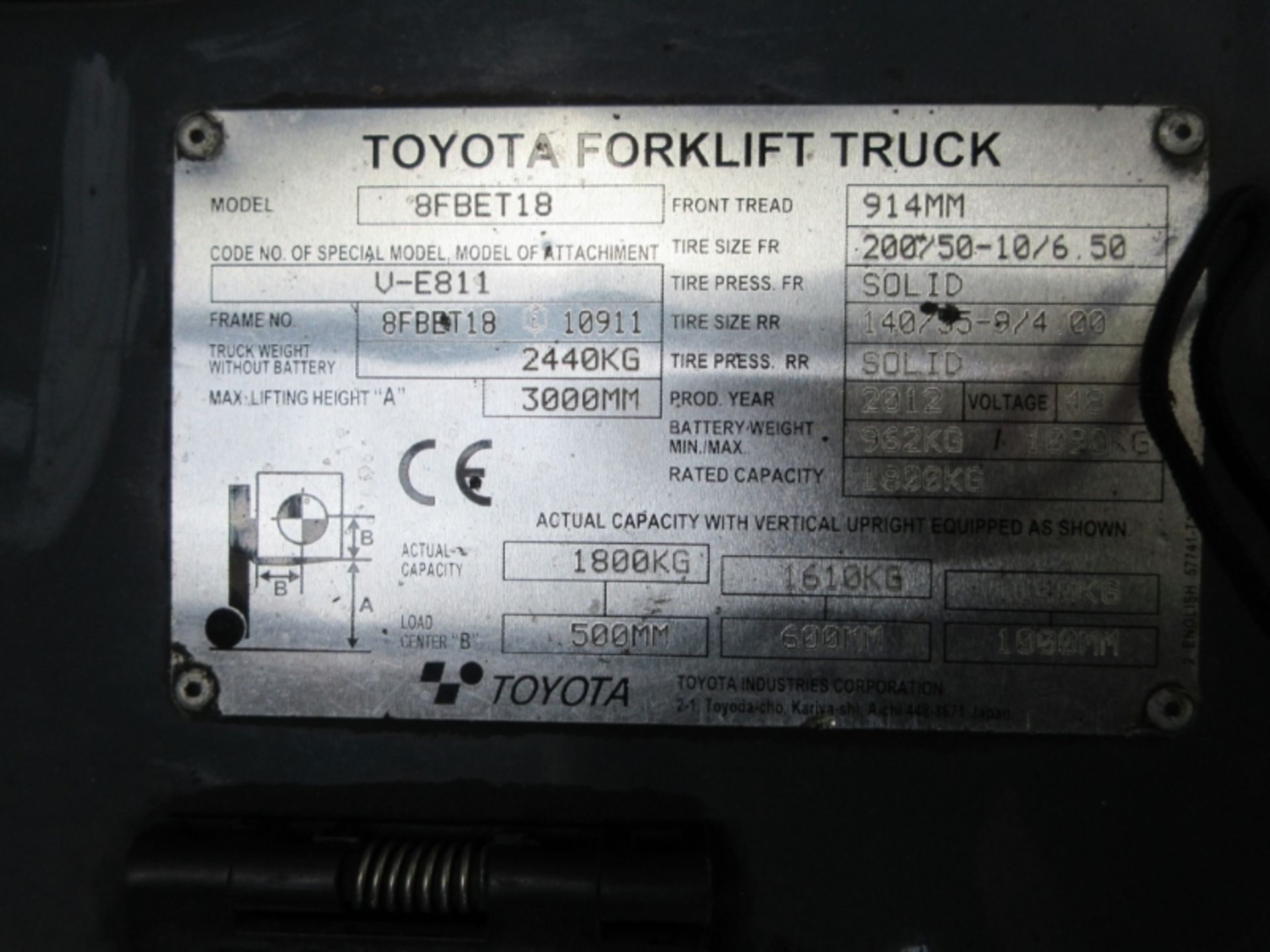 TOYOTA 8FBET18 Plant Electric - VIN: 8FBET18E10911 - Year: 2012 - . Hours - Duplex 3M Forklift, - Image 7 of 7