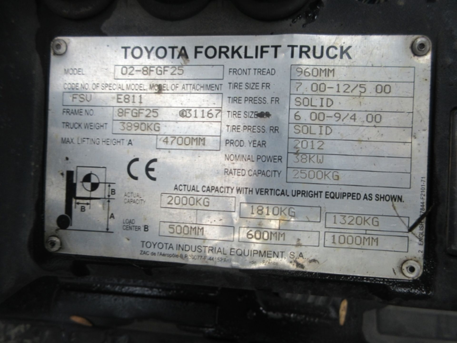 TOYOTA 02-8FGF25 Plant LPG / CNG - VIN: 8FGF25E31167 - Year: 2012 - 9,057 Hours - Triplex 4.7M - Image 8 of 9