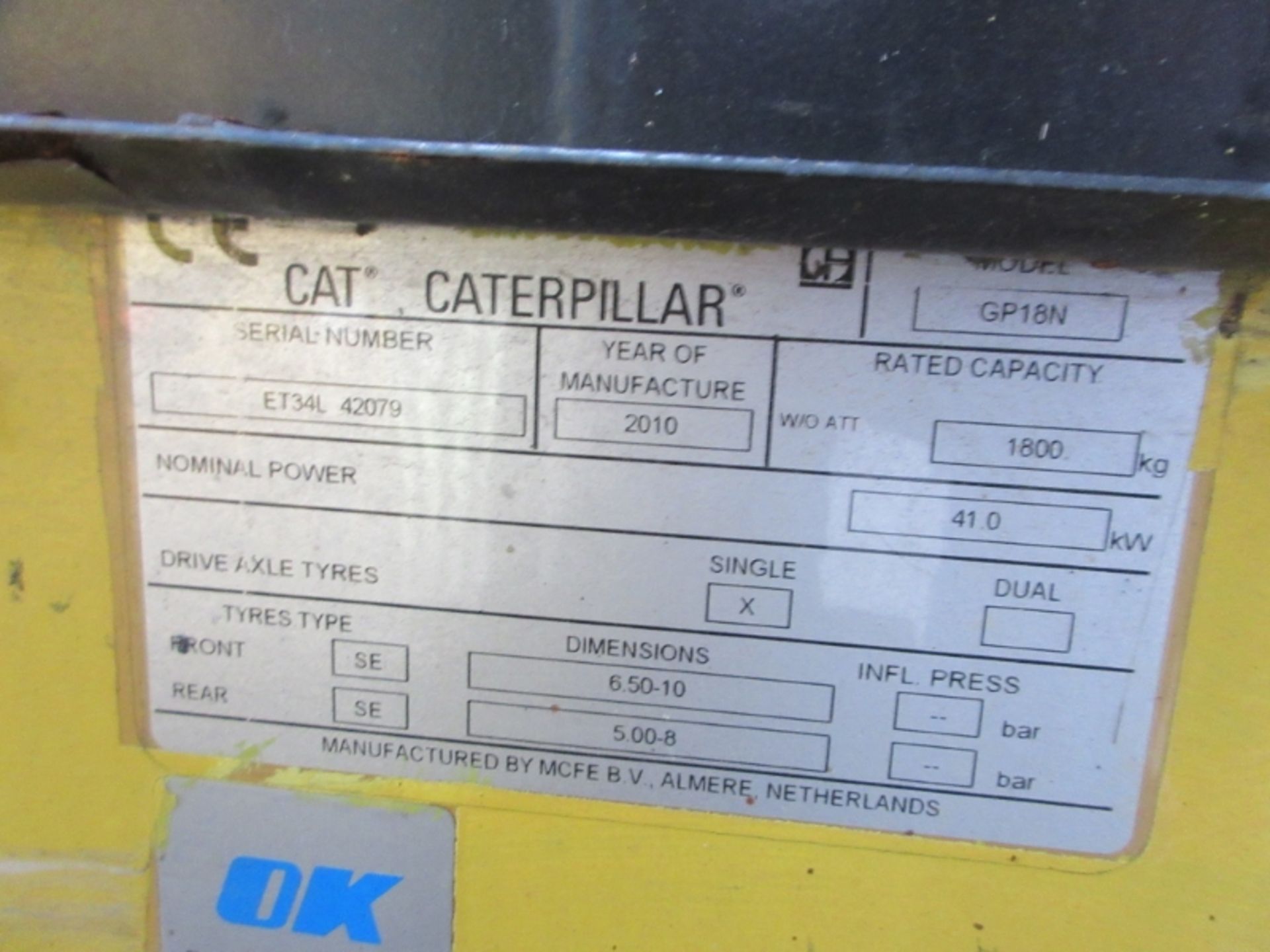 Caterpillar GP18N Plant LPG/CNG - VIN: ET34L42079 - Year: 2010 - 13,684 Hrs - Duplex 3.72M Forklift, - Image 6 of 9