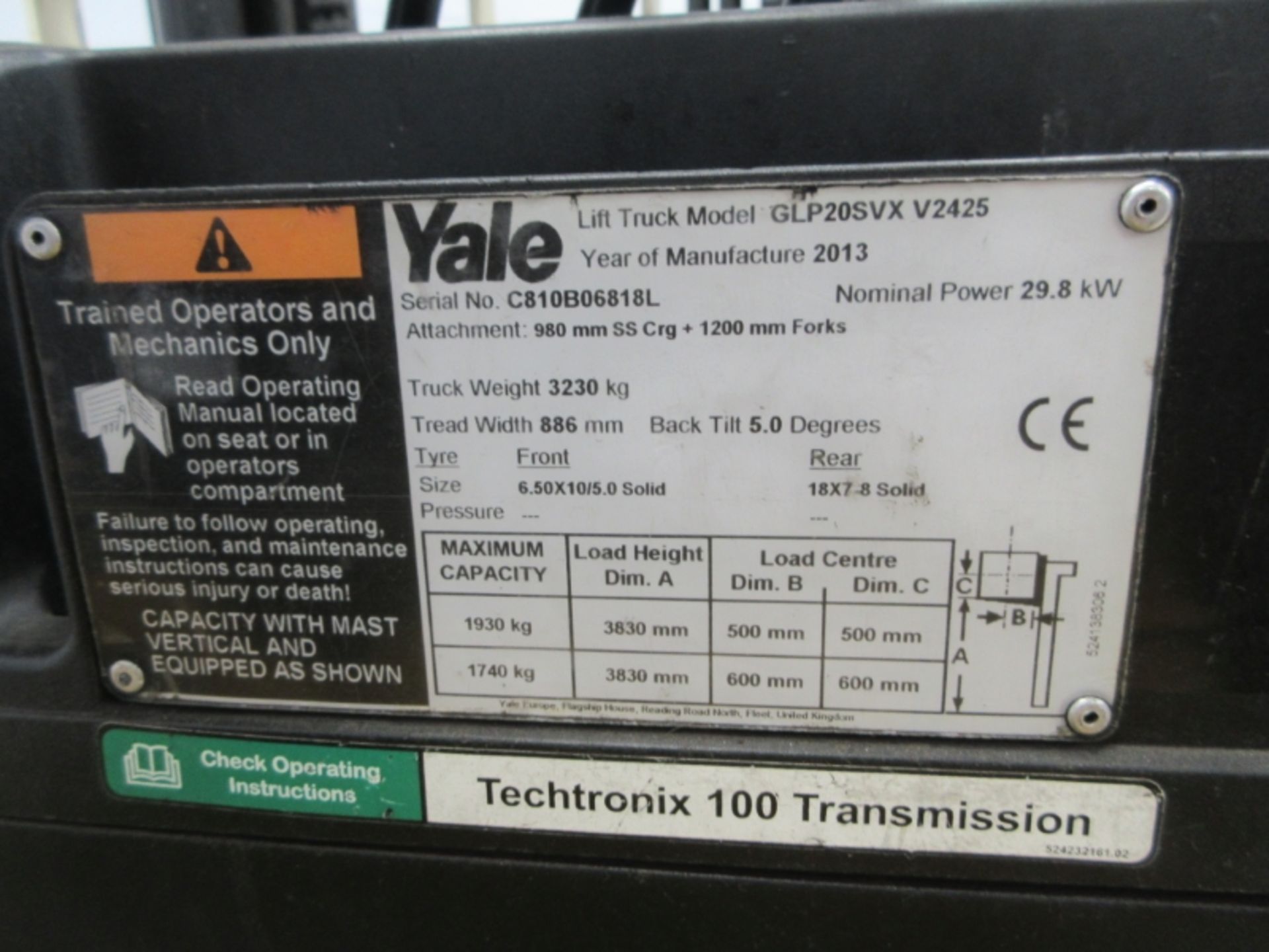 YALE GLP20SVX Plant LPG / CNG - VIN: C810B06818L - Year: 2013 - 14,416 Hours - Duplex 3.8M Forklift, - Image 8 of 9