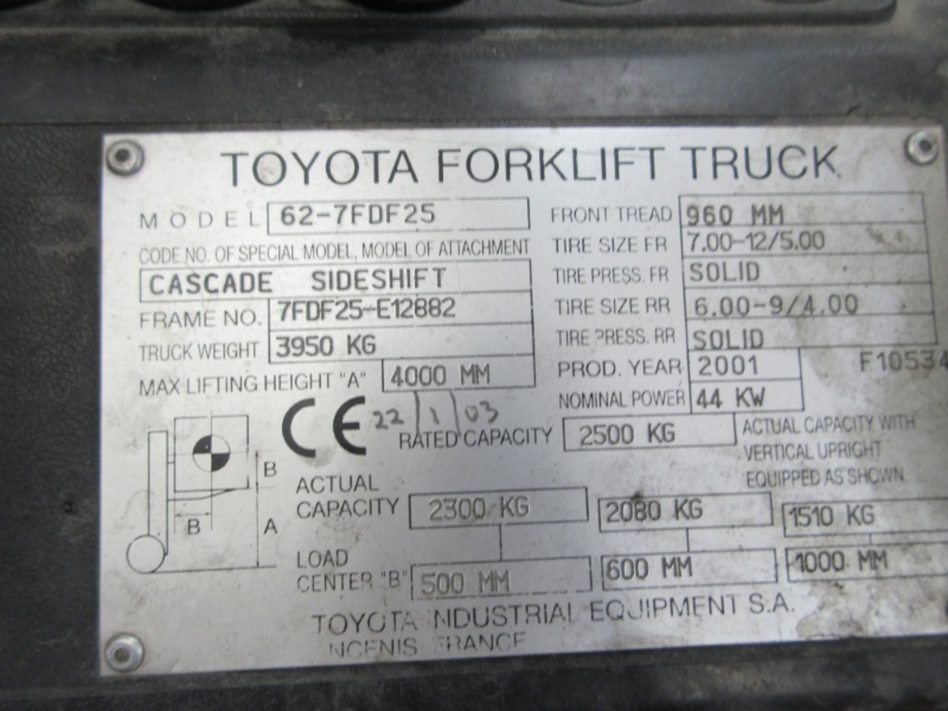 TOYOTA 62-7FDF25 Plant Diesel - VIN: 7FDF25E12882 - Year: 2001 - 3,490 Hours - Duplex 4M Forklift, - Image 9 of 9