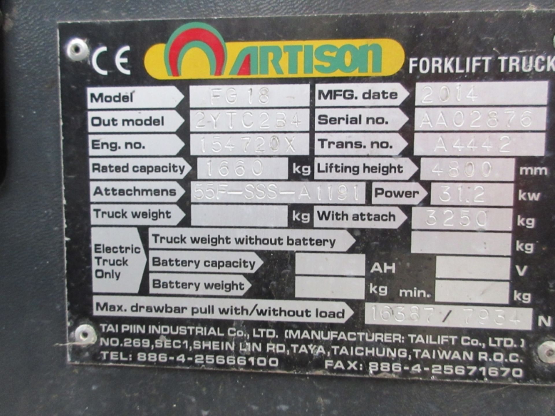 ARTISON FG18 Plant LPG / CNG - VIN: 2YTC2B4AA02876 - Year: 2014 - 7,768 Hours - Triplex 4.8M - Image 8 of 9