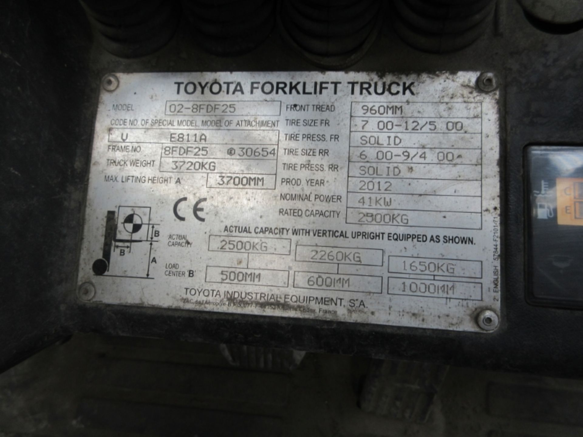 TOYOTA 02-8FDF25 Plant Diesel - VIN: 8FDF25E30654 - Year: 2012 - 4,405 Hours - Duplex 3.7M Forklift, - Image 9 of 9