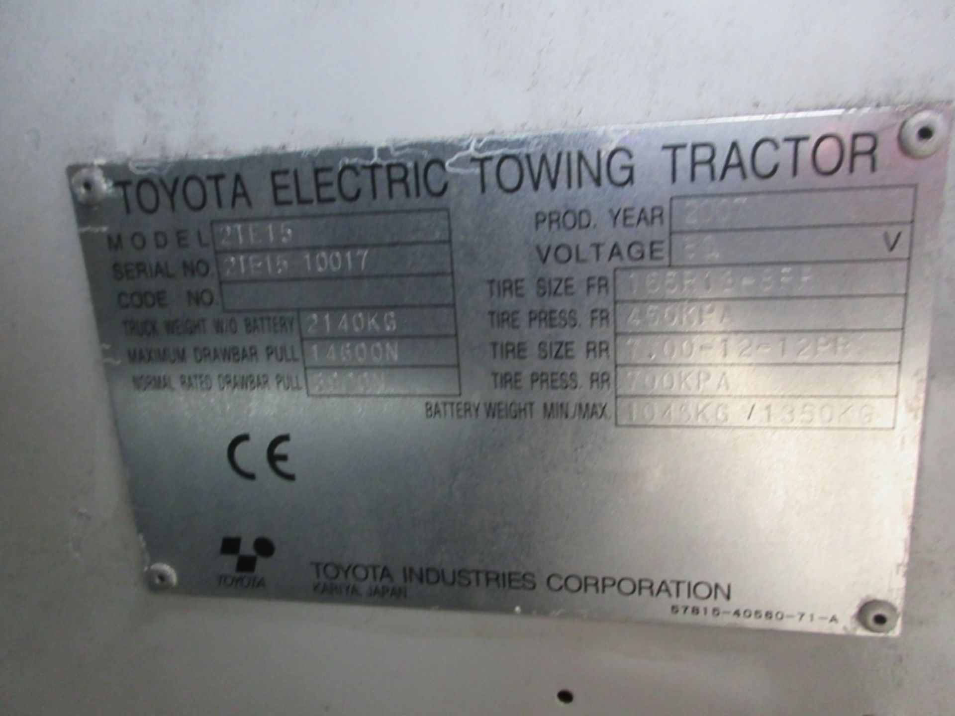 TOYOTA 2TE15 Plant Electric - VIN: 2TE15E10017 - Year: 2007 - 18,841 Hours - Towing Tractor, R.D - Image 7 of 8