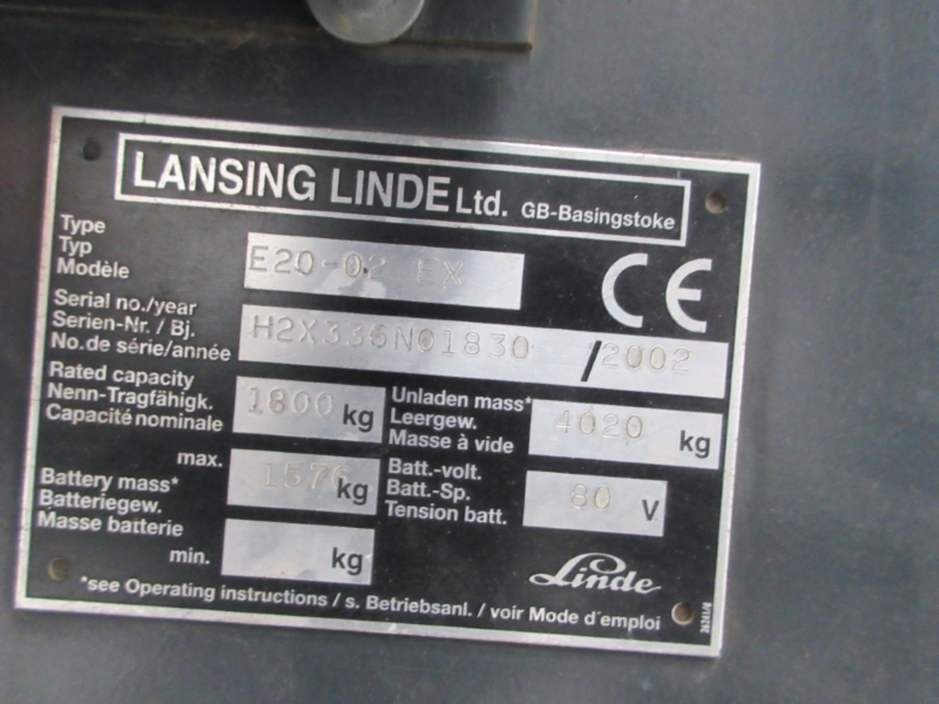 LINDE E20-02EX Plant Electric - VIN: H2X336N01830 - Year: 2002 - 1,591 Hours - Duplex Forklift, - Image 6 of 8