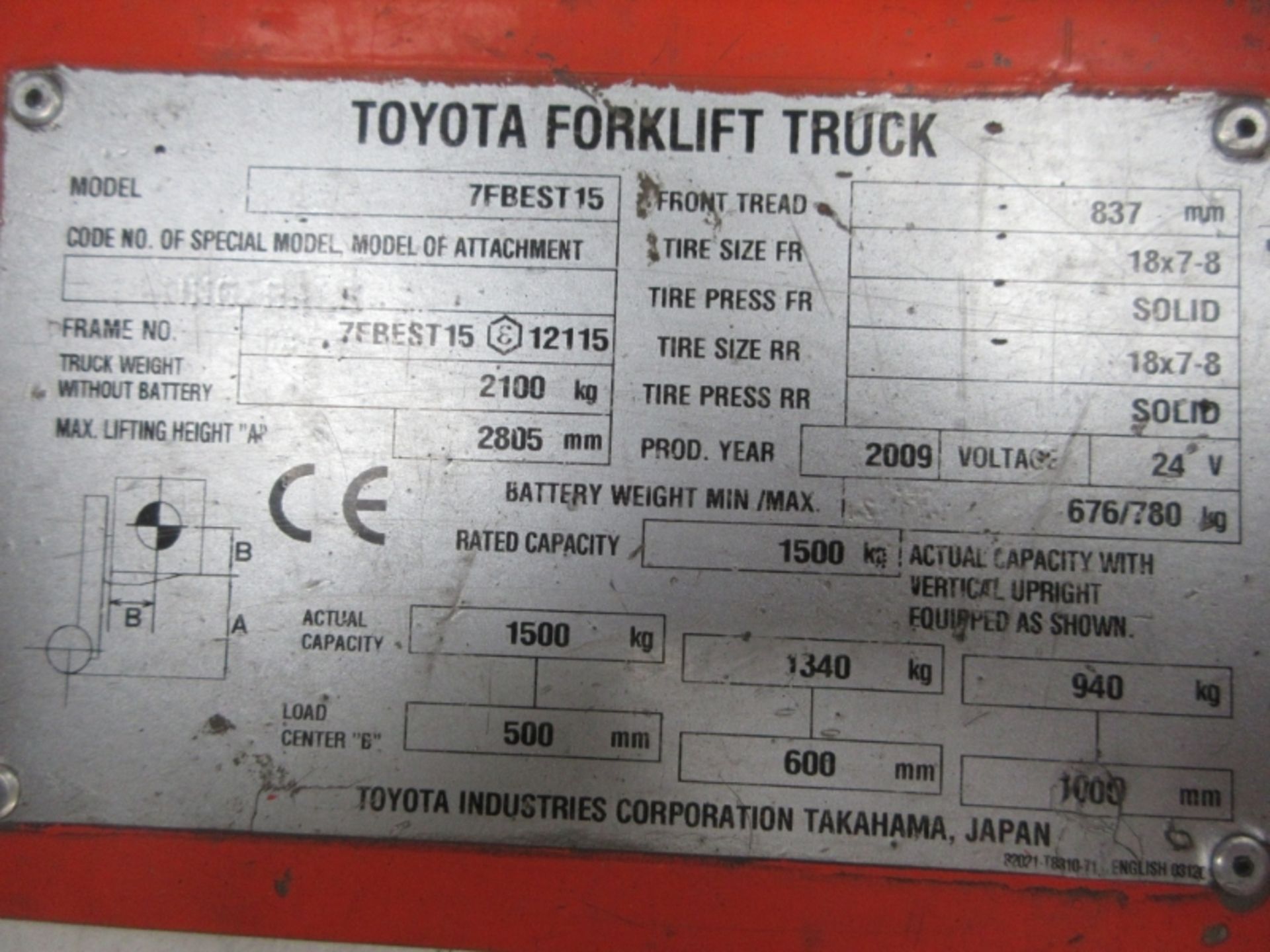 TOYOTA 7FBEST15 Plant Electric - VIN: 7FBEST15E12115 - Year: 2009 - 8,121 Hours - Duplex 2.8M - Image 7 of 9