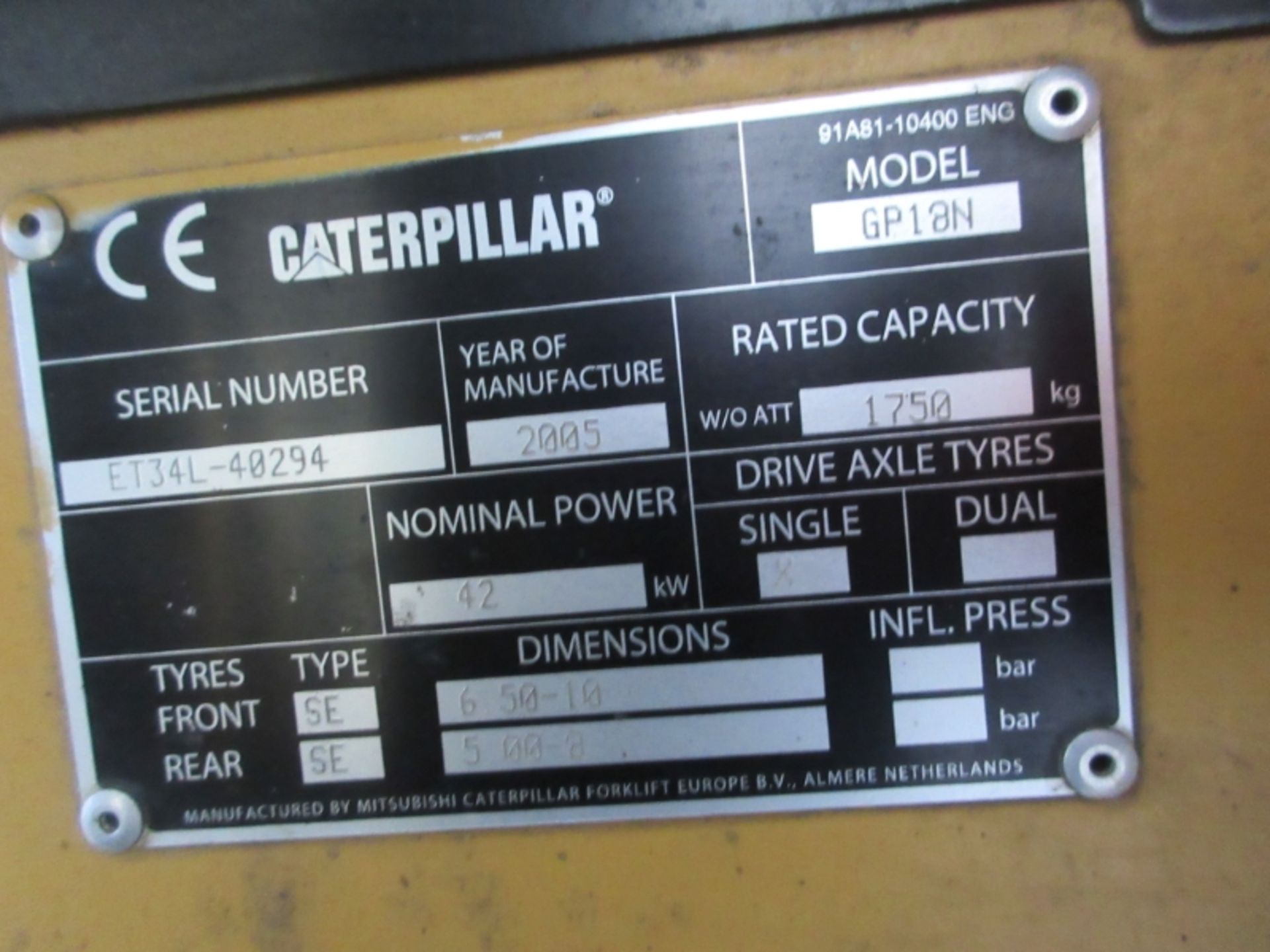 CATERPILLAR GP18N Plant . - VIN: ET34L40294 - Year: 2005 - . Hours - Triplex 4.75M Forklift, - Image 8 of 8