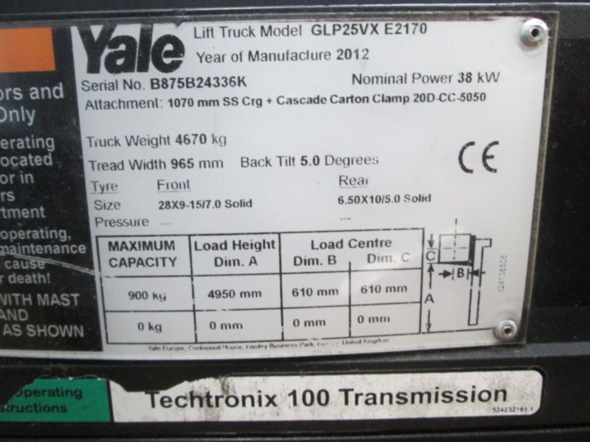 YALE GLP25VX E2170 Plant LPG / CNG - VIN: B875B24336K - Year: 2012 - no display Hours - Triplex 4.9M - Image 8 of 8