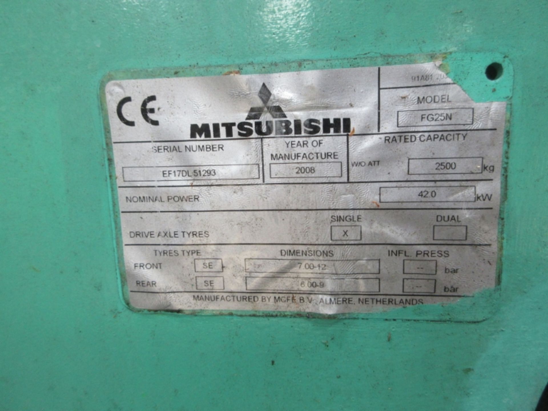 MITSUBISHI FG25N Plant LPG / CNG - VIN: EF17DL51293 - Year: 2008 - 7,471 Hours - Duplex Forklift, - Image 8 of 9