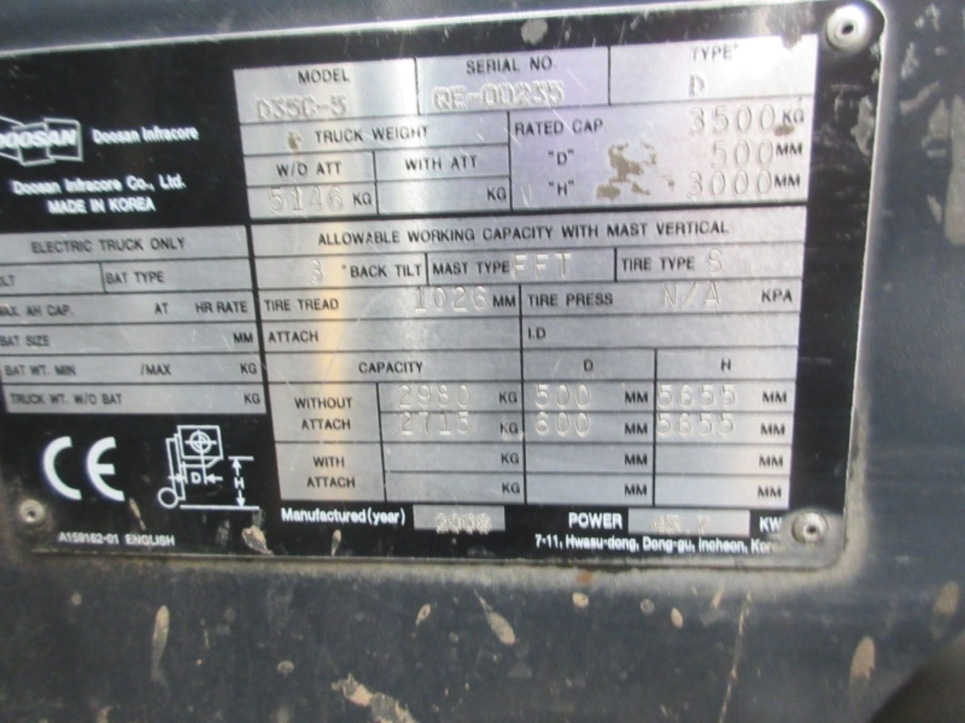 DOOSAN D35C-5 Plant Diesel - VIN: QE-00235 - Year: 2008 - 9,088 Hours - Triplex sideshift - Image 7 of 8