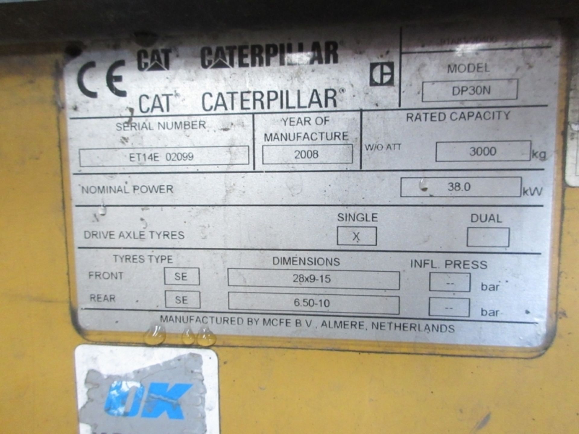 CAT CASCADE DP30N Plant Diesel - VIN: ET14E02099 - Year: 2008 - 11,706 Hours - Duplex sideshift - Image 6 of 9