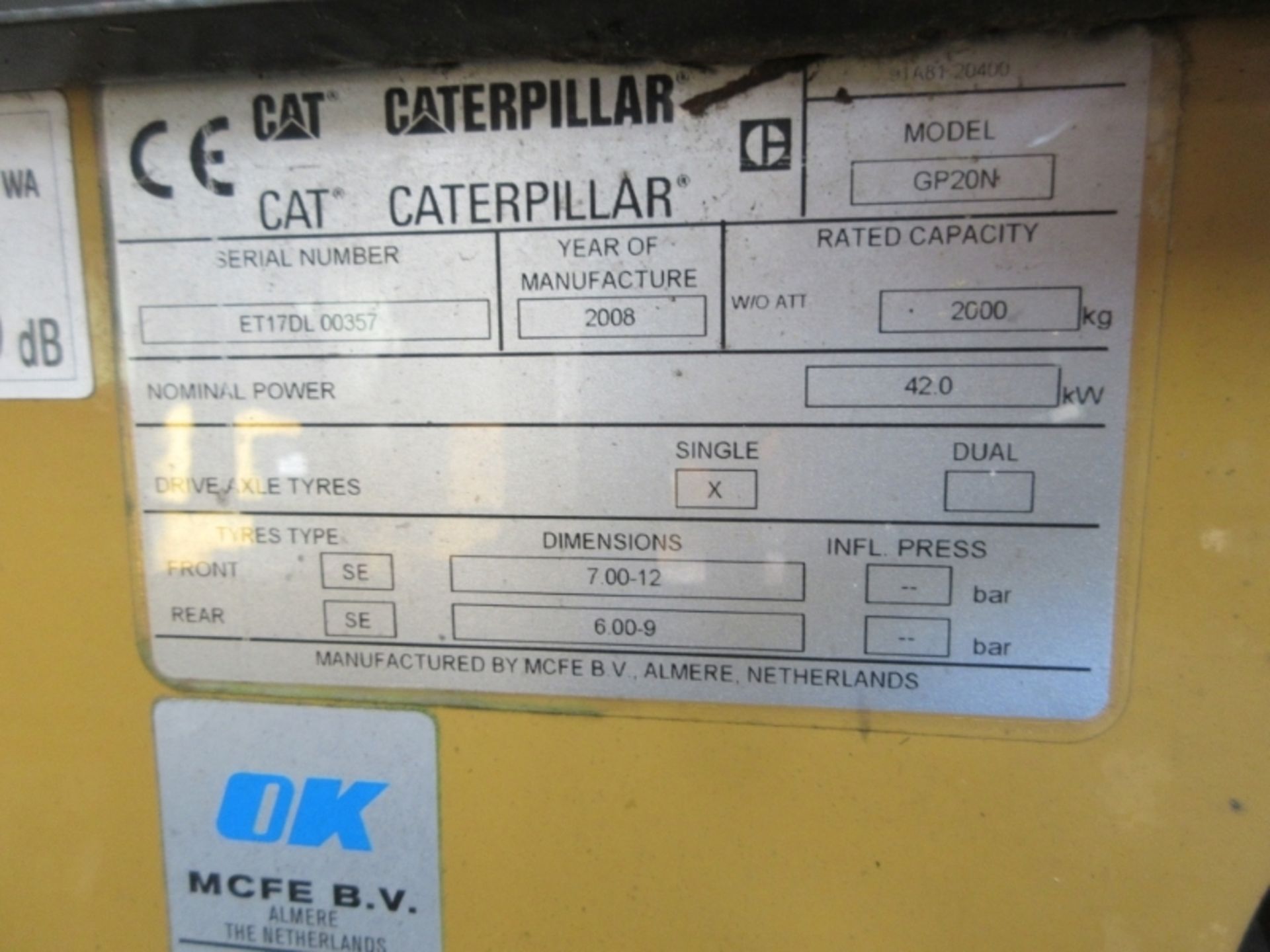 CAT GP20N Plant LPG / CNG - VIN: ET170L00357 - Year: 2008 - 1,475 Hours - Duplex sideshift forklift, - Image 7 of 9