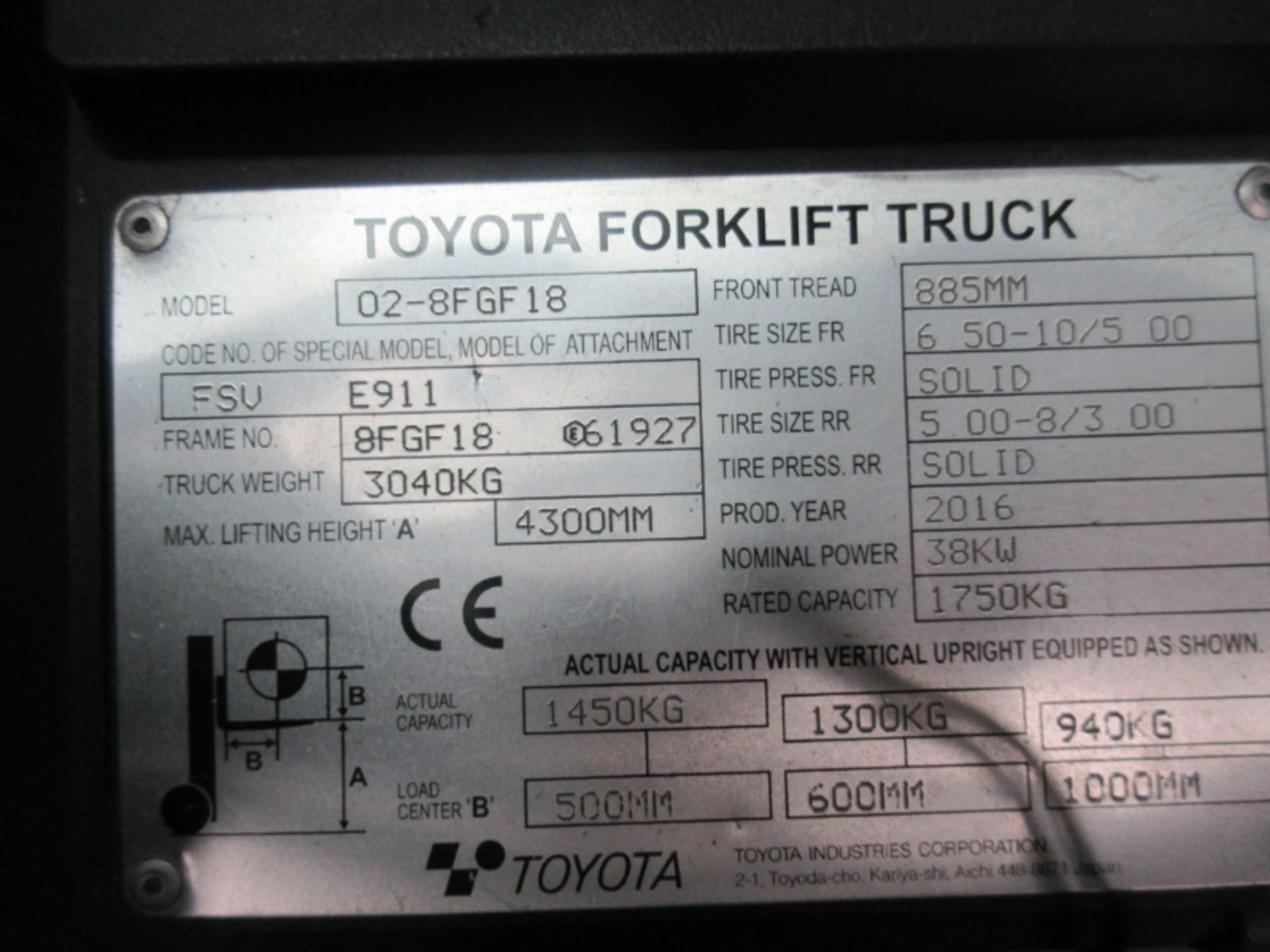 TOYOTA 02-8FGF18 Plant LPG / CNG - VIN: 8FGF18E61927 - Year: 2016 - 10,230 Hours - Triplex Forklift, - Image 6 of 7