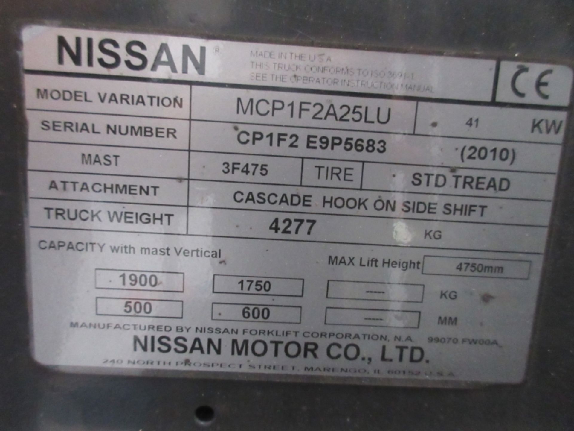 NISSAN MCP1F2A25LU Plant LPG / CNG - VIN: CP1F2E9P5683 - Year: 2010 - 6,747 Hours - Triplex - Image 6 of 7