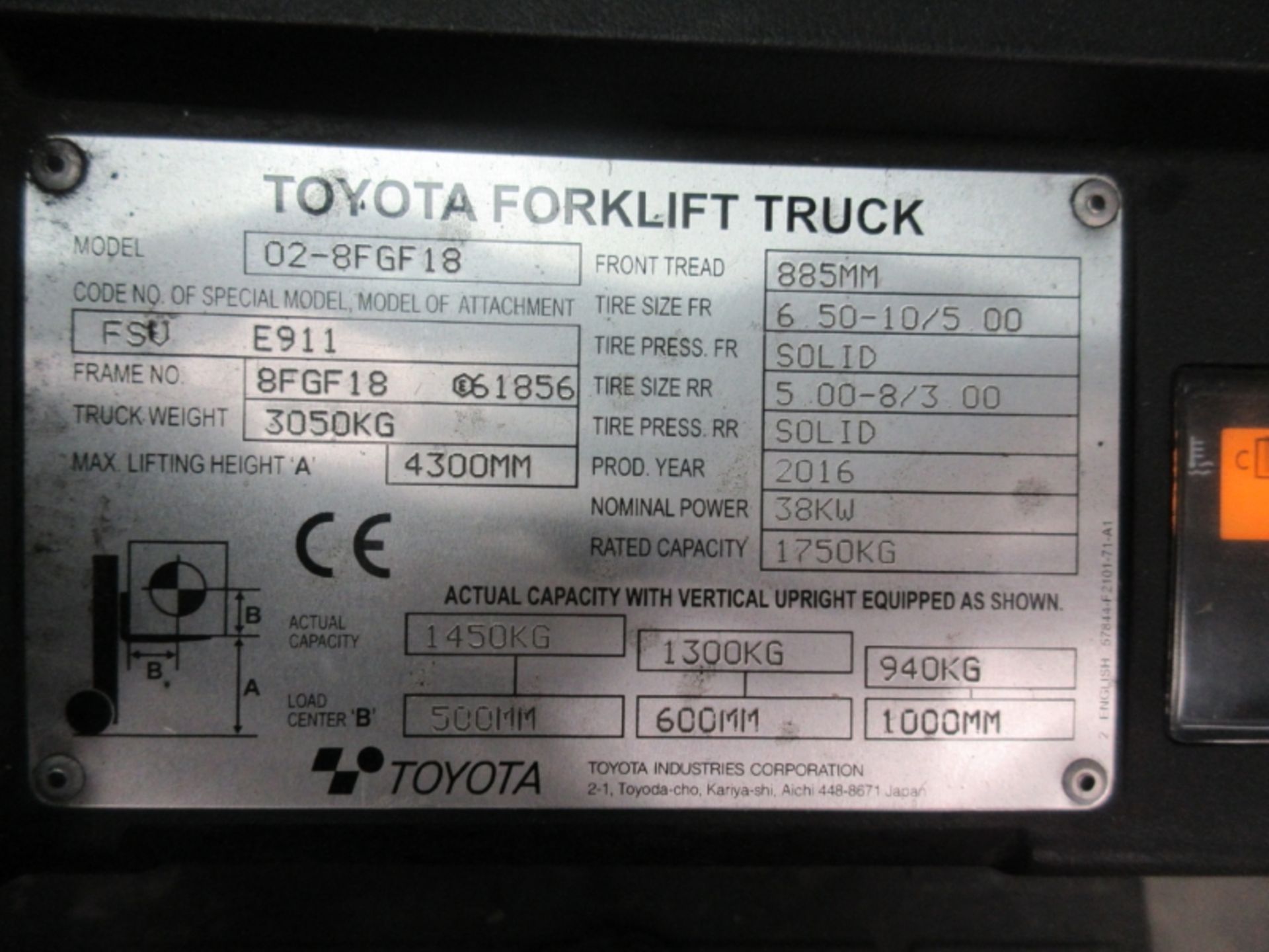 TOYOTA 02-8FGF18 Plant LPG / CNG - VIN: 8FGF18E61856 - Year: 2016 - 6,568 Hours - Triplex Forklift , - Image 6 of 7