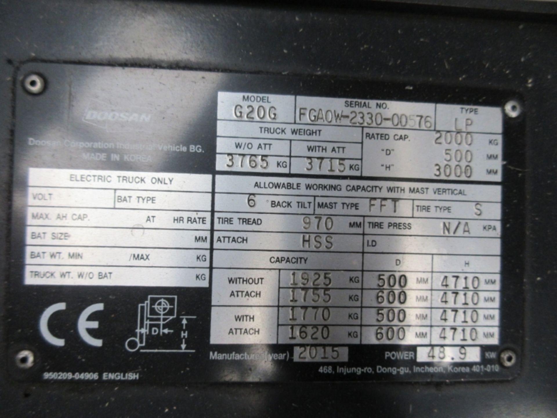 DOOSAN G20G Plant LPG / CNG - VIN: FGA0W233000576 - Year: 2015 - 1,877 Hours - Triplex Forklift, - Image 6 of 7