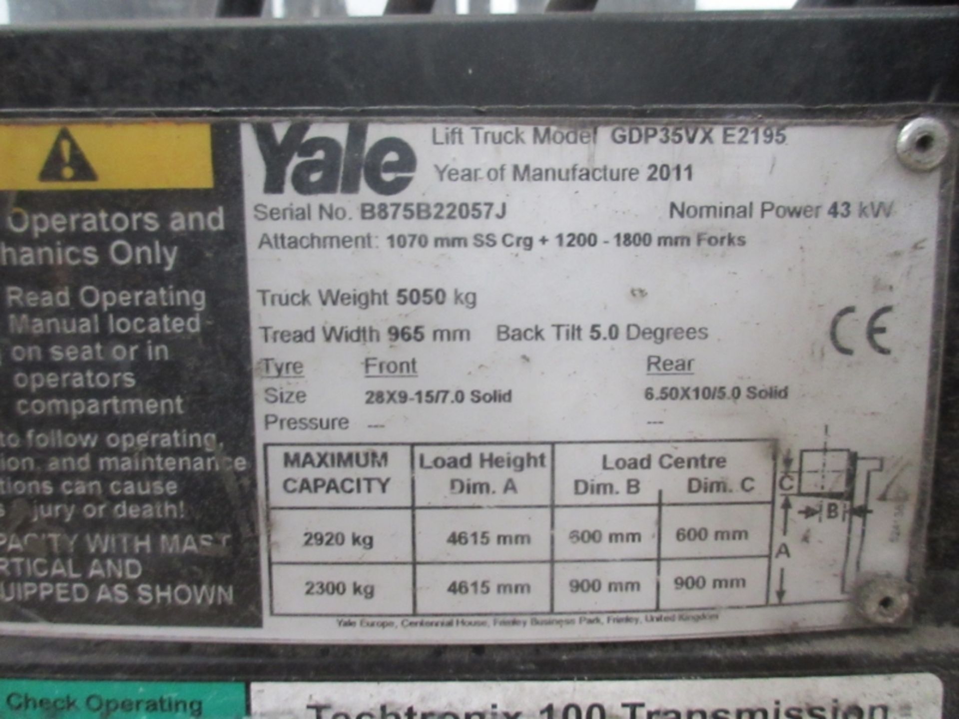 YALE GDP35VX E2195 Plant Diesel - VIN: B875B22057J - Year: 2011 - 5,442 Hours - Triplex Forklift, - Image 5 of 7