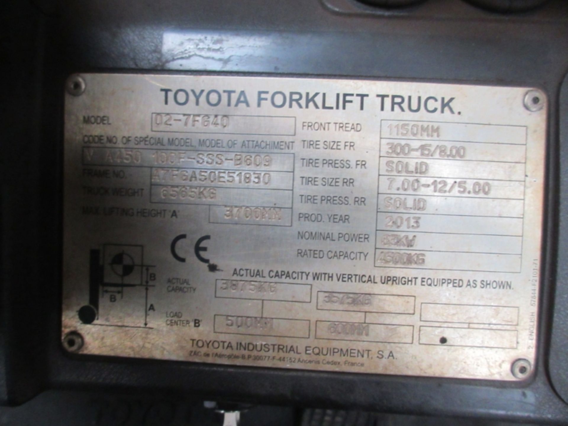 TOYOTA 02-7FG40 Plant LPG / CNG - VIN: E51830 - Year: 2013 - 5,842 Hours - Duplex Forklift, - Image 6 of 7