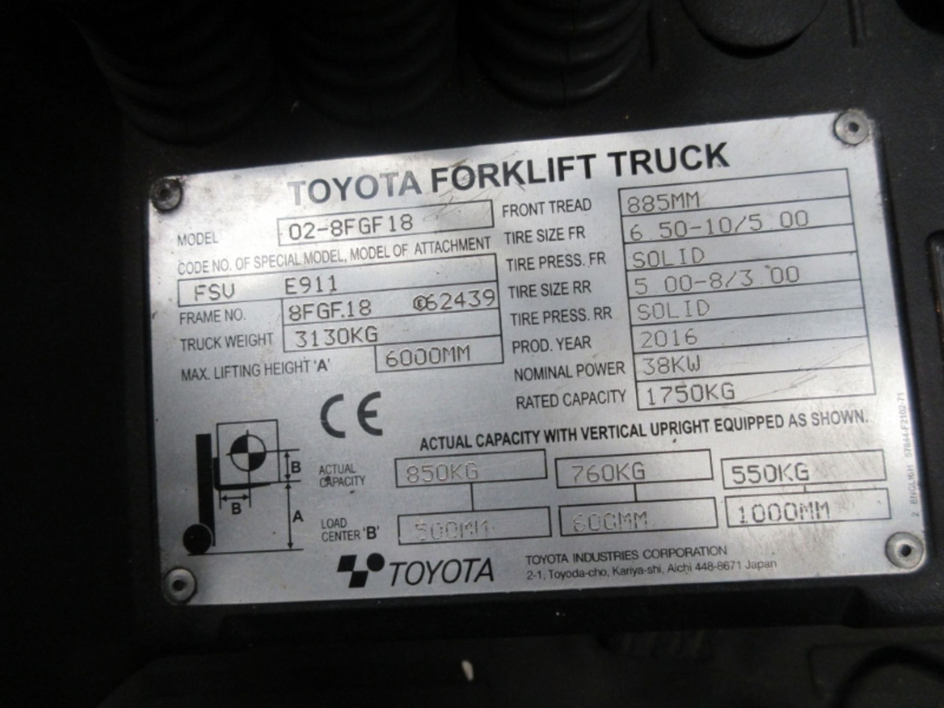 TOYOTA 02-8FGF18 Plant LPG / CNG - VIN: 8FGF18E62439 - Year: 2016 - 5,304 Hours - Triplex - Image 6 of 7