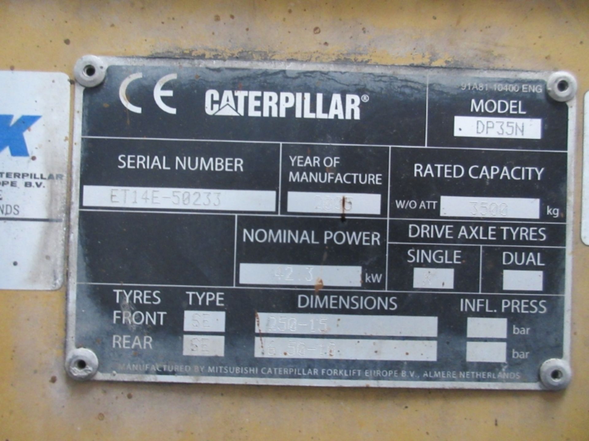 CATERPILLAR DP35N Plant Diesel - VIN: ET14E50233 - Year: 2005 - 7,452 Hours - Duplex Forklift, - Image 5 of 7