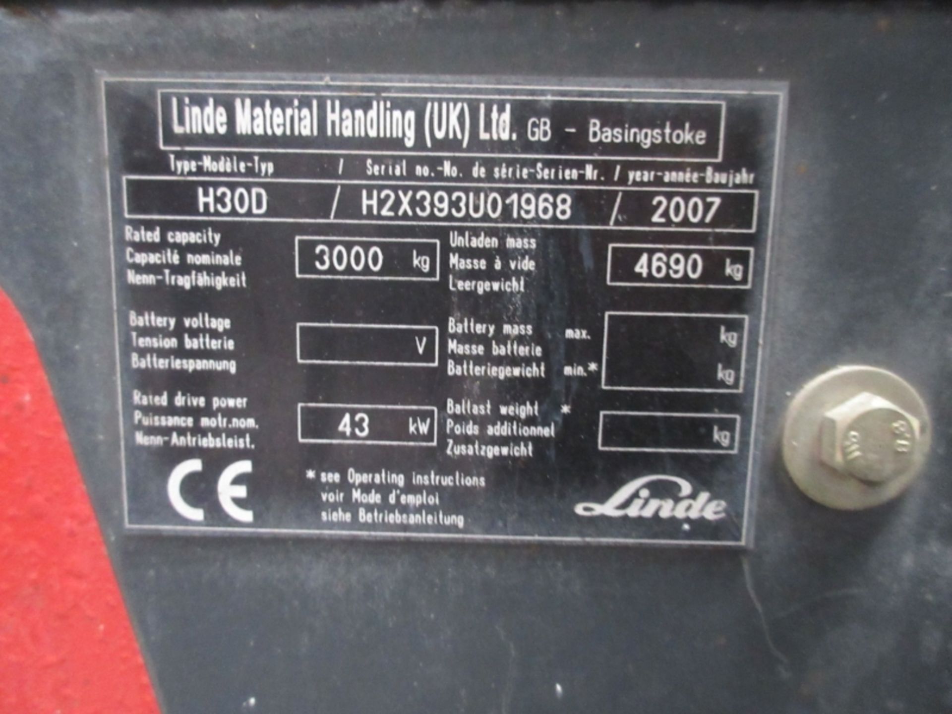 LINDE H30D Plant Diesel - VIN: H2X393U01968 - Year: 2007 - 4,877 Hours - Triplex Forklift, - Image 5 of 7