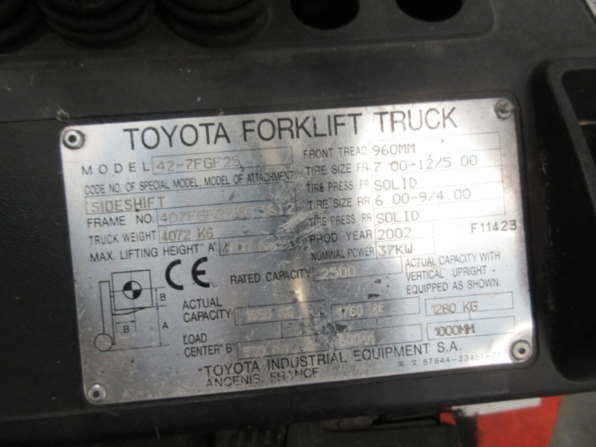 TOYOTA 42-7FGF25 Plant LPG / CNG - VIN: 407FGF25E13612 - Year: 2002 - 8,346 Hours - Triplex - Image 7 of 7