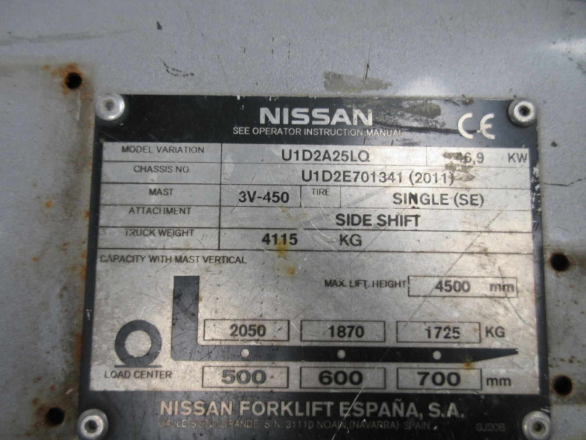 NISSAN U1D2A25LQ Plant LPG / CNG - VIN: U1D2E701341 - Year: 2011 - 3,217 Hours - Triplex Forklift, - Image 6 of 7