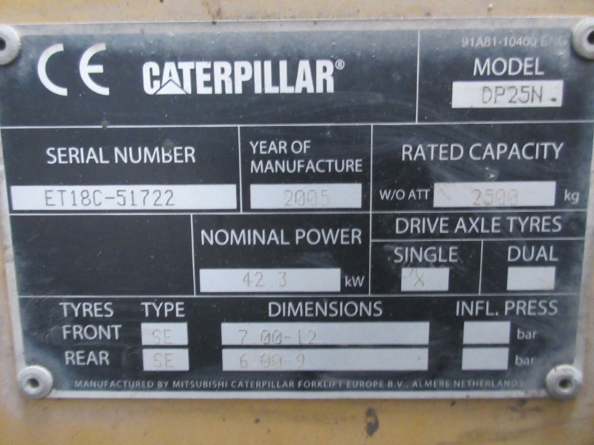 CATERPILLAR DP25N Plant Diesel - VIN: ET18C51722 - Year: 2005 - 6,166 Hours - Duplex Forklift, - Image 6 of 7