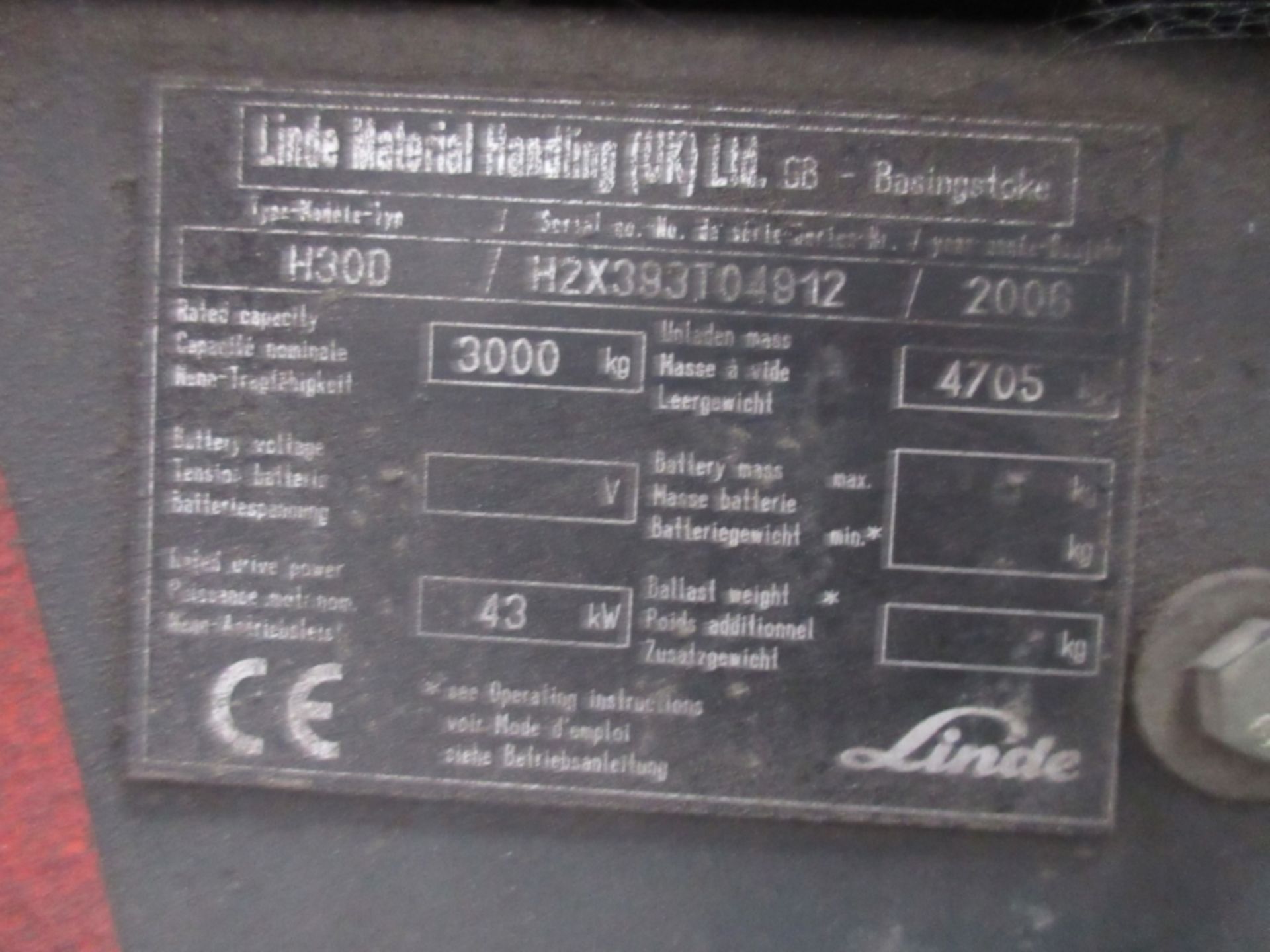 LINDE H30D Plant Diesel - VIN: H2X393T04912 - Year: 2006 - 7,900 Hours - Duplex Forklift, Sideshift, - Image 5 of 7