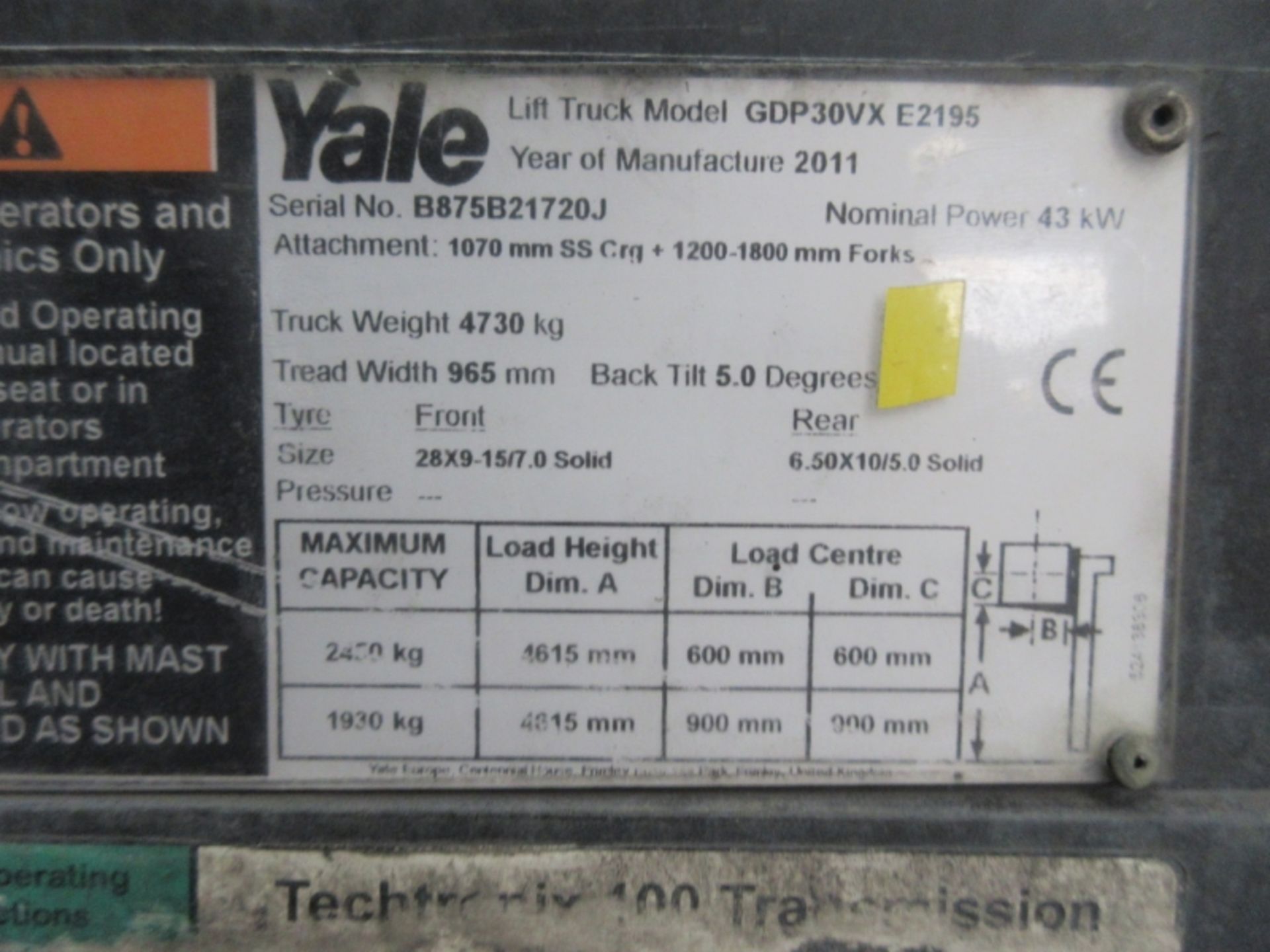 YALE GDP30VX E2195 Plant Diesel - VIN: B875B21720J - Year: 2011 - 6,327 Hours - Triplex Forklift, - Image 6 of 7