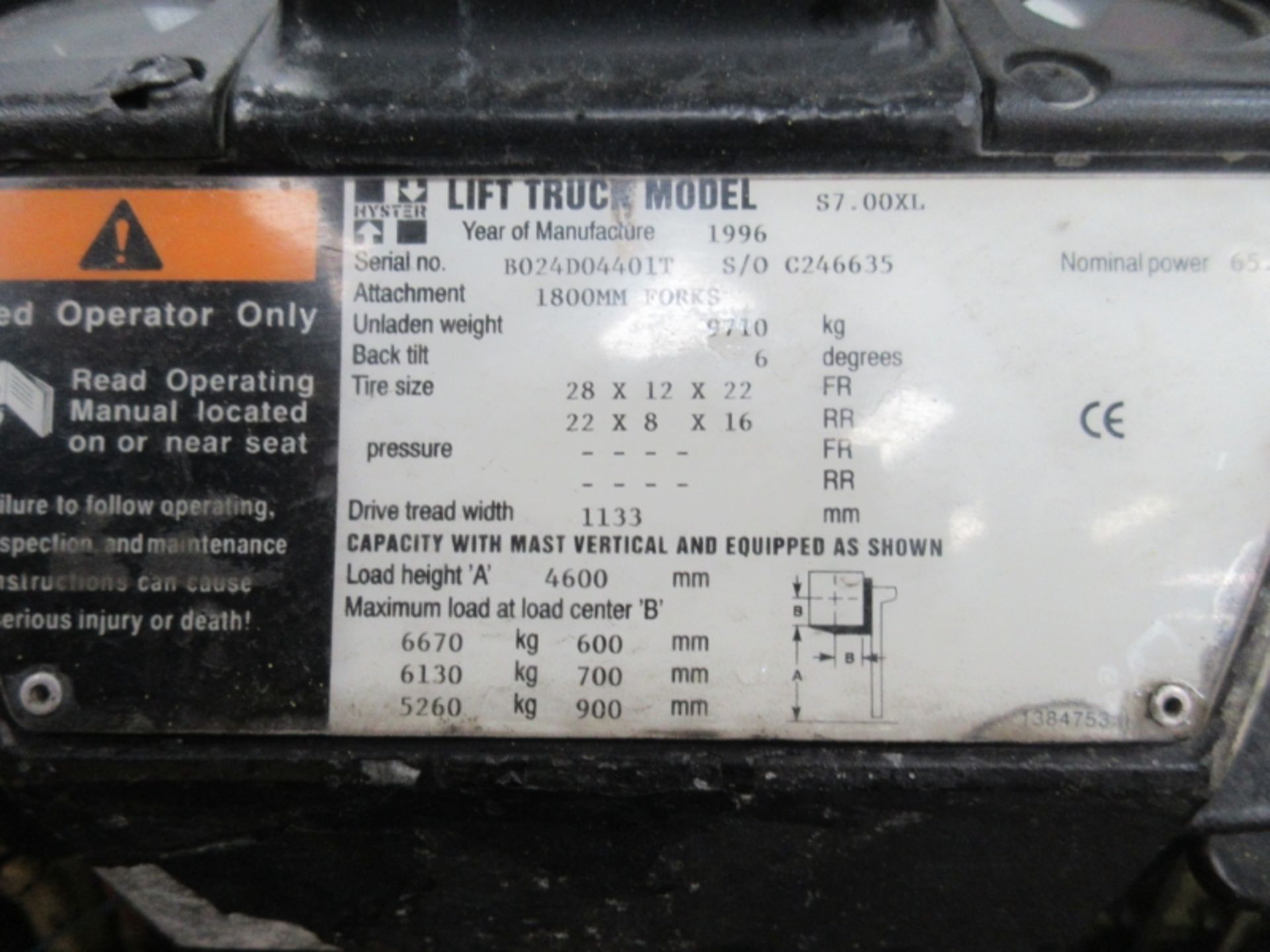 HYSTER S7.00XL Plant LPG / CNG - VIN: B024D04401T - Year: 1996 - 8,248 Hours - Duplex 4.6M Forklift, - Image 6 of 7