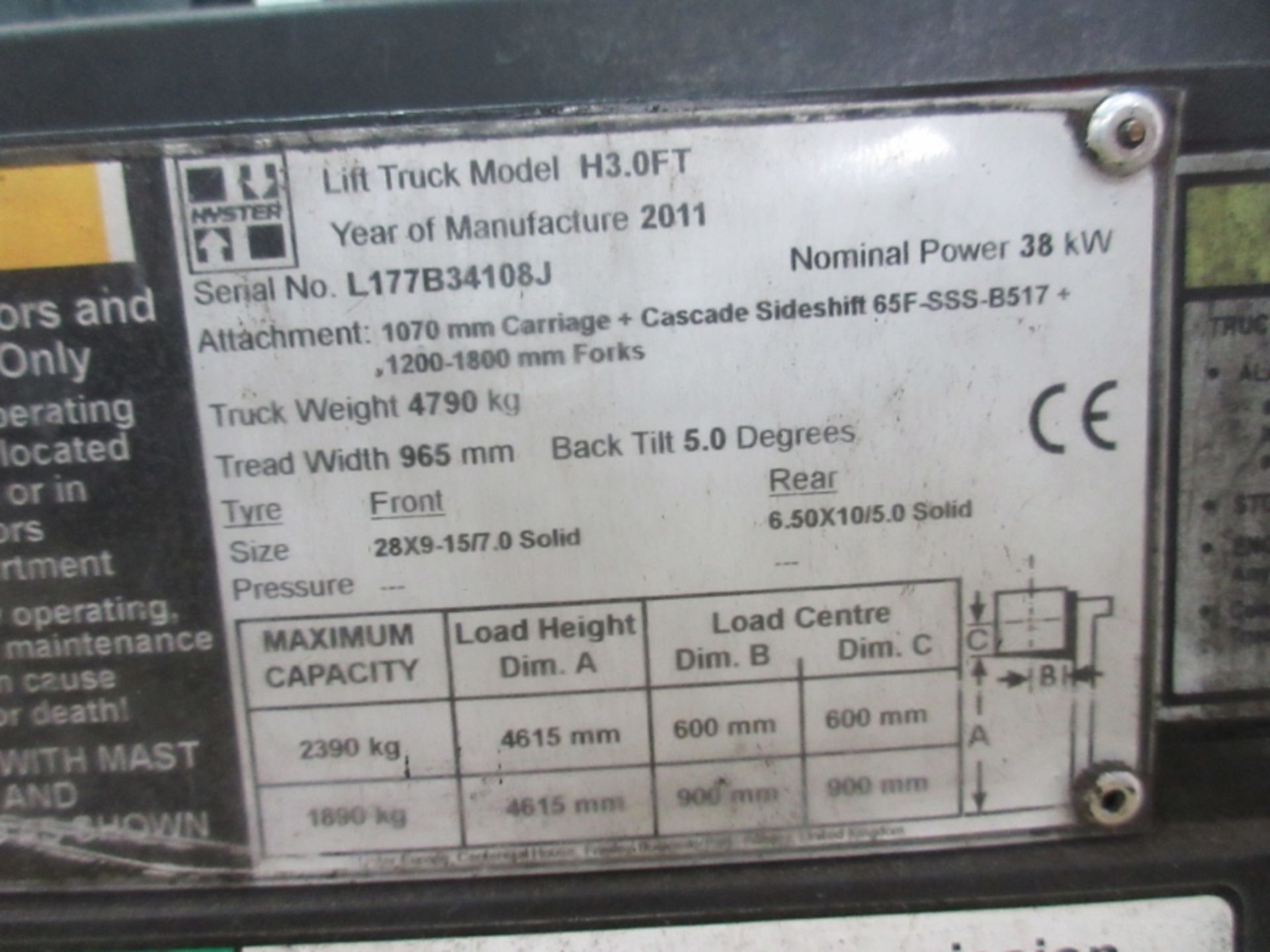 HYSTER H3.0FT Plant LPG / CNG - VIN: L177B34108J - Year: 2011 - 6,730 Hours - Triplex 4.6M Forklift, - Image 5 of 7