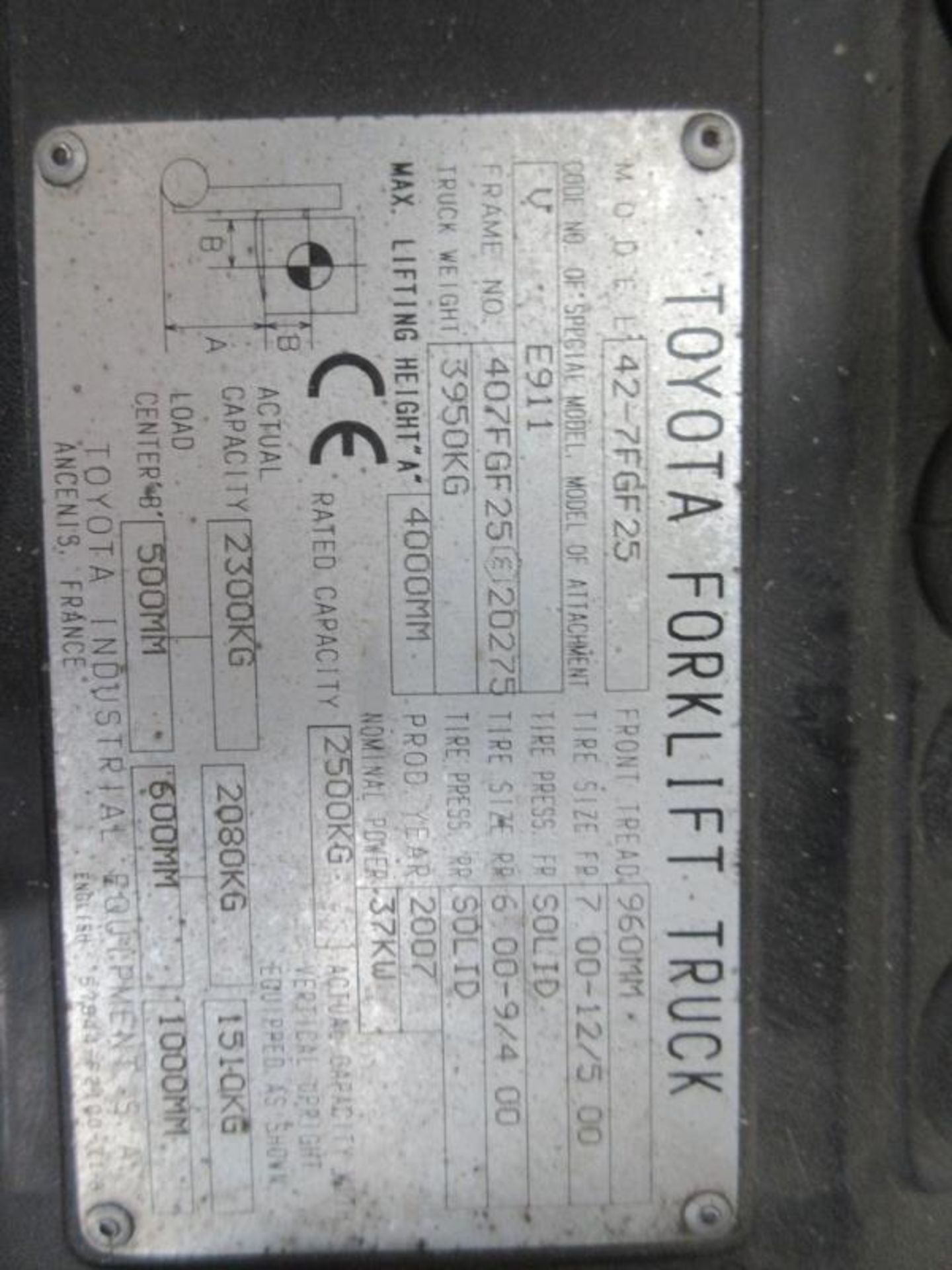 TOYOTA 42-7FGF25 Plant LPG / CNG - VIN: 407FGF25E20275 - Year: 2007 - 3,039 Hours - Duplex 4M - Image 6 of 7