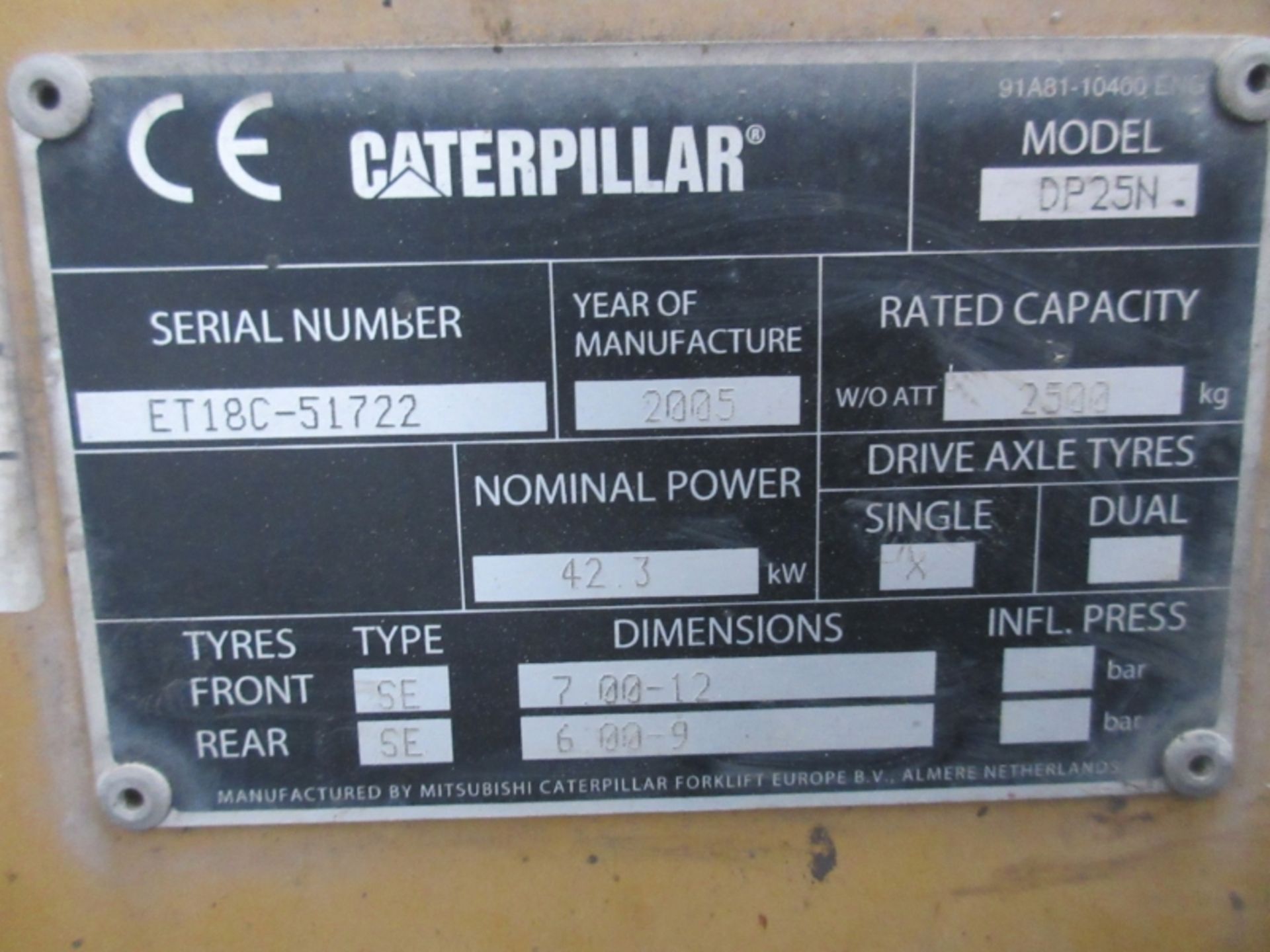 CATERPILLAR DP25N Plant Diesel - VIN: ET18C51722 - Year: 2005 - 6,169 Hours - Duplex Forklift, - Image 5 of 7