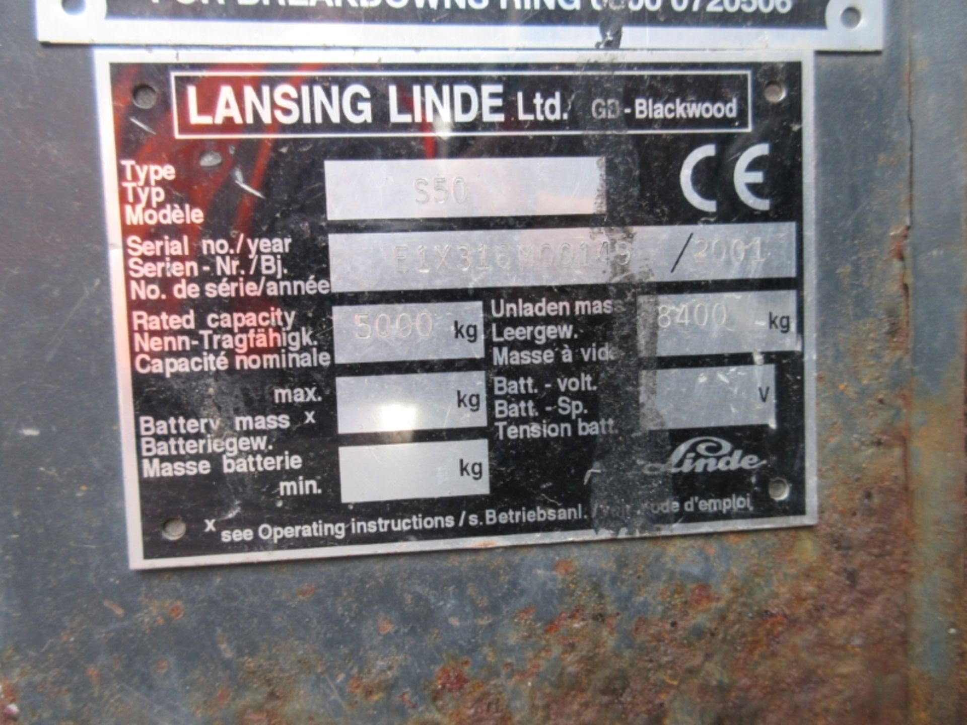 LINDE S50 Plant Diesel - VIN: E1X316M00149 - Year: 2001 - 6,140 Hours - Sideloader, R.D.L - Image 5 of 7