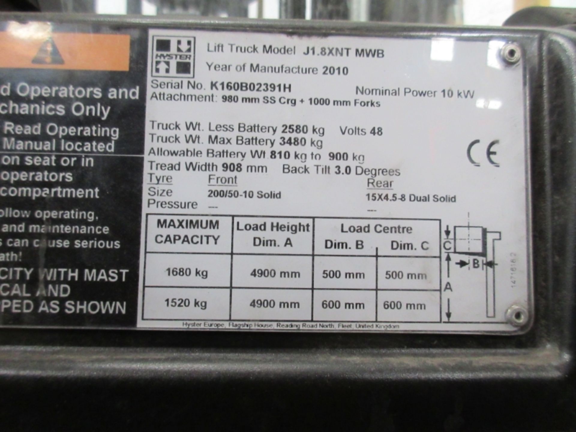 HYSTER J1.8XNT MWB Plant Electric - VIN: K160B02391H - Year: 2010 - 2,934 Hours - Triplex 4.9M - Image 6 of 7