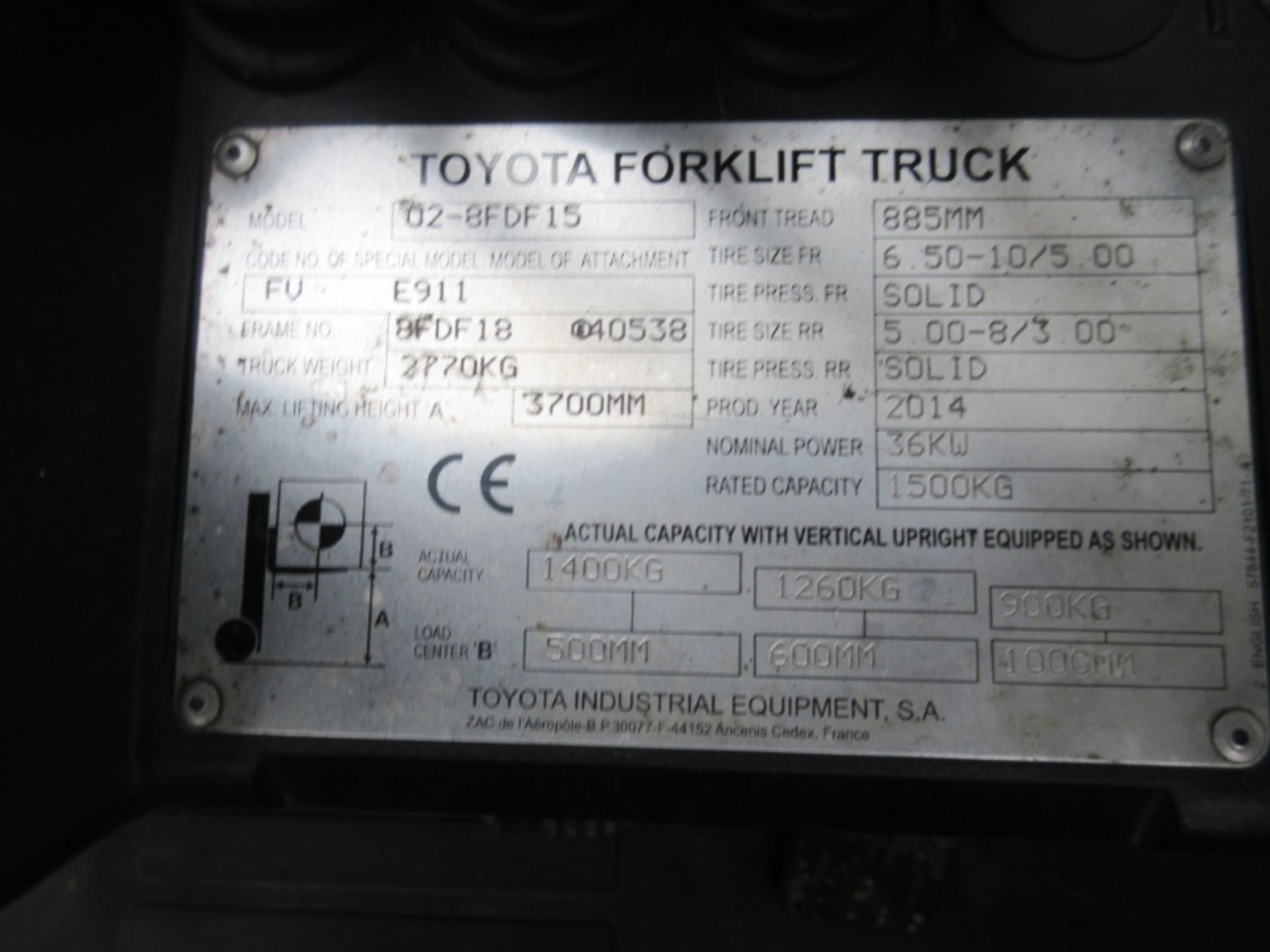 TOYOTA 02-8FDF15 Plant Diesel - VIN: 8FDF18E40538 - Year: 2014 - 8,058 Hours - Duplex 3.7M Forklift, - Image 5 of 7