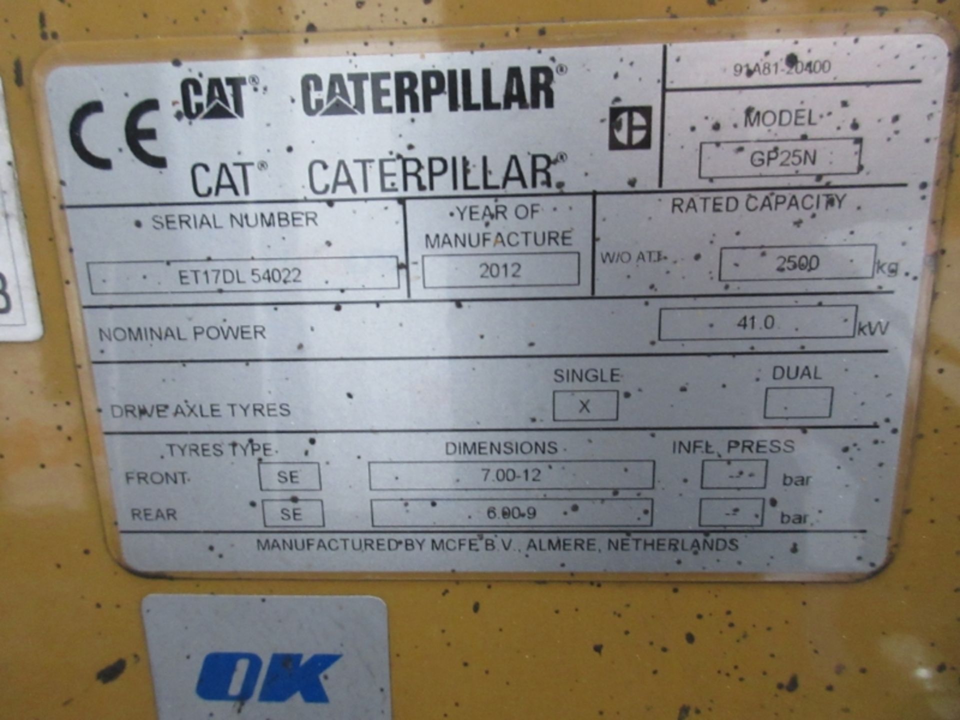 CATERPILLAR GP25N Plant LPG / CNG - VIN: ET17DL54022 - Year: 2012 - 15,870 Hours - Triplex Forklift, - Image 6 of 7